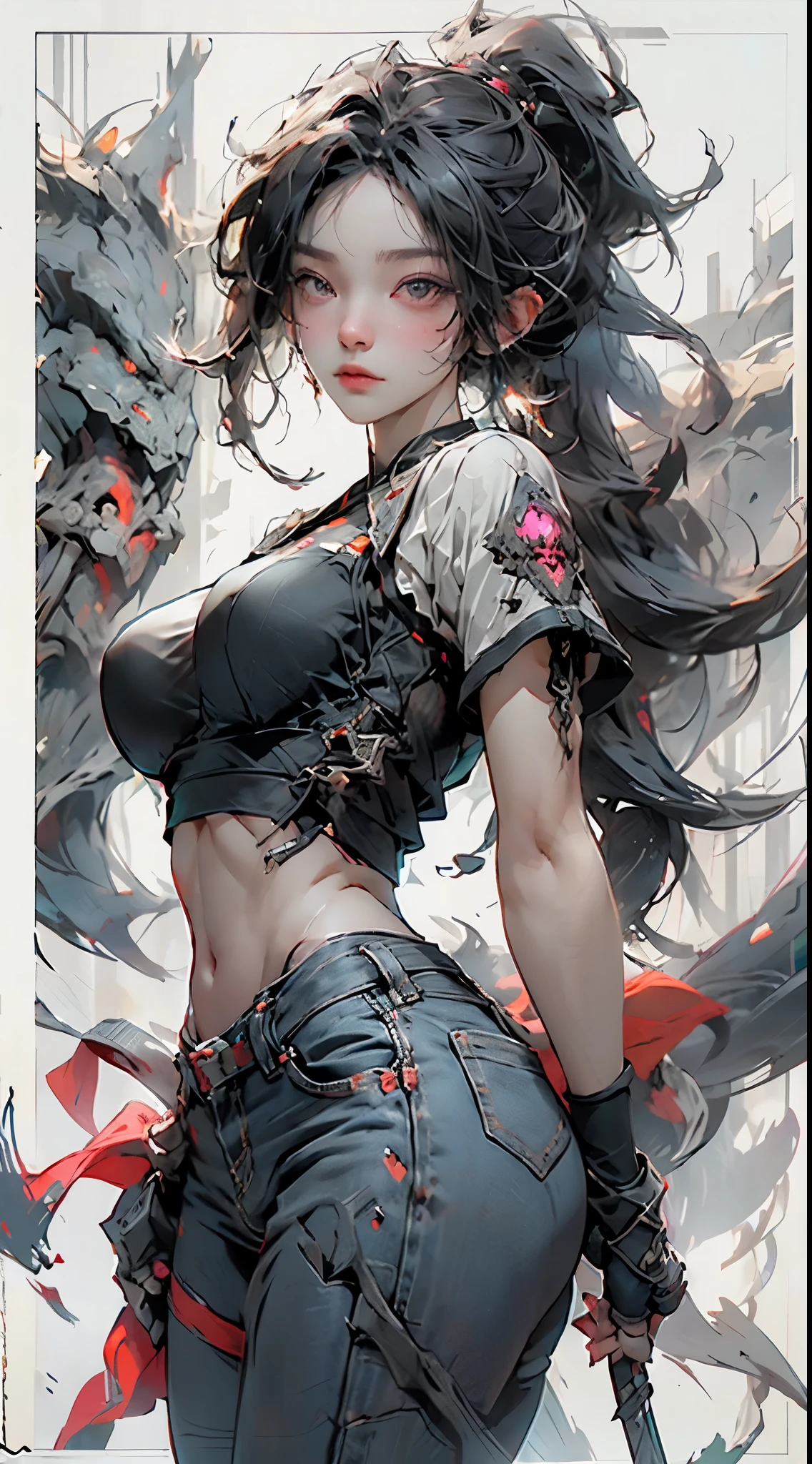 fundo, misto-language_text, letras japonesas em graffit, mulher linda , longos cabelos negros,::((melhor qualidade)), ((obra-prima)), (muito detalhado:1.3)(masterpiece:1.2, melhor qualidade), (finamente detalhados belos olhos: 1.2), (masterpiece:1.2, best quality), (finely detailed beautiful eyes: 1.2), ::style joe madureira comic stiyle ::2.9 (masterpiece:1.2, best quality), (finely detailed beautiful eyes: 1.2), ((1girl kelly brook very beautiful woman big breast )), ((solo)), (red eyes:1.4), (finely detailed eyes and detailed face:1.3),), (with jeans and a white t-shirt or dress:1.3), (beautiful and clear background:1.2), (extremely detailed cg, ultra-detailed, best shadow:1.1), ((depth of field)), ((watercolor)), large breasts, bare shoulders, flowers and petals, beautiful concept illustration , (white background:0.5), (illustration :1.1), (extremely fine and beautiful:1.1), (perfect details:1.1), masterpiece, high quality, highres, detail enhancement, 8k, hd, masterpiece, best quality, high quality, highres, detail enhancement