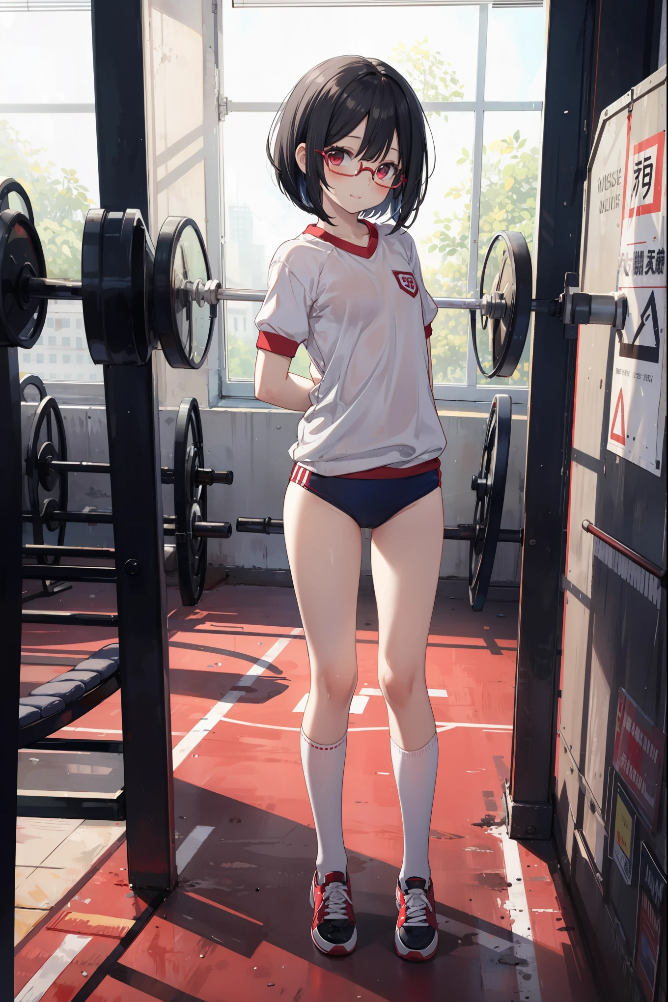 (from side:0.7),(masterpiece:1.2),best quality,illustration,beautiful detailed girl, (petit:1.3),(:1.4),8 girl wearing (red buruma:1.2) and (gym uniform:1.2) standing in athletic room,small breasts,looking at viewer,full body,tachi-e, (jyoful,happy:0.8),(open mouth:0.5), (white socks,red indoor shoes:0.7), (short hair,bob cut),(roung glasses:1.1),parted bangs,black hair,red eyes,(cameltoe:0.5)