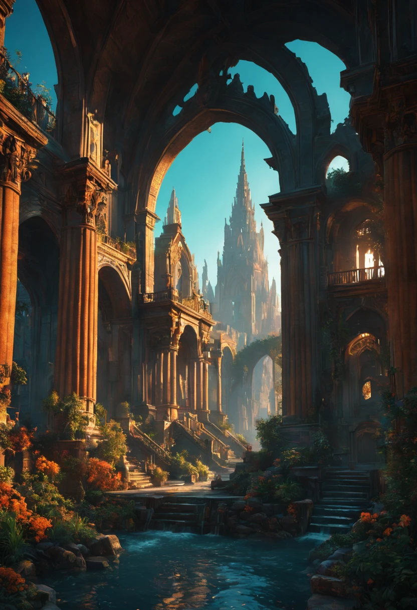 Ancient City at Sunset, detailed matte painting, deep color, fantastical, intricate detail, splash screen, complementary colors, fantasy concept art, 8k resolution trending on Artstation Unreal Engine 5 intricate details, HDR, beautifully shot, hyperrealistic, sharp focus, megapixels, perfect composition, high contrast, cinematic, atmospheric, moody Epic cinematic brilliant stunning intricate meticulously detailed dramatic atmospheric maximalist digital matte painting 8k resolution concept art by Greg Rutkowski dynamic lighting hyperdetailed intricately detailed Splash art trending on Artstation triadic colors Unreal Engine 5 volumetric lighting Alphonse Mucha WLOP Jordan Grimmer orange and teal