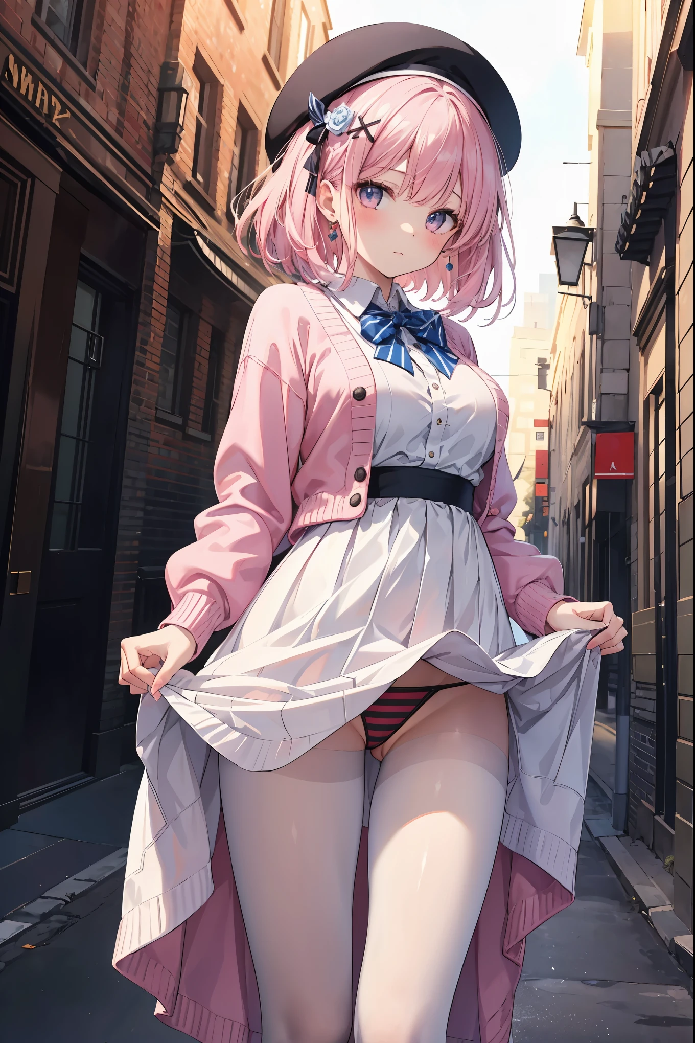 best quality, highres,soft lighting,1girl,look AT VIEWER,masterpiece, best quality, highres, white dress, skirt, cowboy shot, standing, outdoors, (skirt lift:1.3), (thong:1.2) 1girl, cowboy shot ,hmsl1, beret, x hair ornament, medium hair, pink bow, large breasts, jewelry, pink cardigan, brooch, white shirt, vertical-striped skirt, striped pantyhose,
