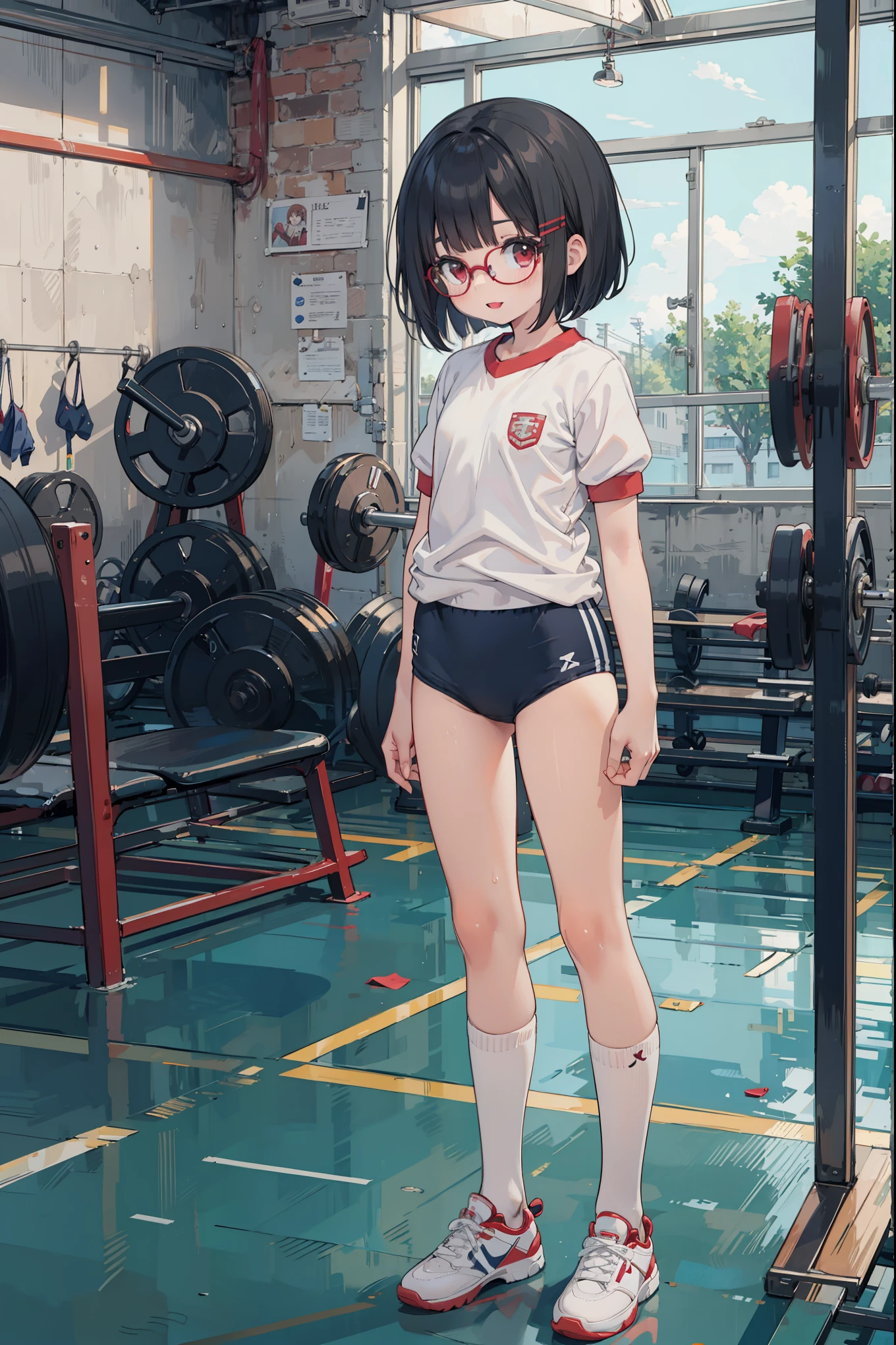 (from side:0.7),(masterpiece:1.2),best quality,illustration,beautiful detailed girl, (petit:1.3),(:1.4),8 girl wearing (red buruma:1.2) and (gym uniform:1.2) standing in athletic room,small breasts,looking at viewer,full body,tachi-e, (jyoful,happy:0.8),(open mouth:0.5), (white socks,red indoor shoes:0.7), (short hair,bob cut),(roung glasses:1.1),parted bangs,black hair,red eyes,(cameltoe:0.5)