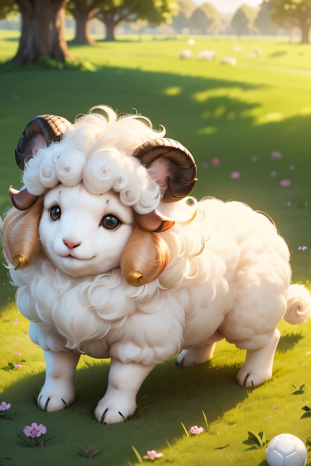 (a ball-shaped sheep,little ears and a curly,wavy fur,playful expression),(photorealistic,highres,sharp focus),(cute,adorable:1.1),black-faced,white fluffy body,round body,peaceful surroundings,green grass),(shepherd's delight,colorful, vibrant,colorful surroundings,joyful atmosphere),(soft lighting,golden hour lighting)