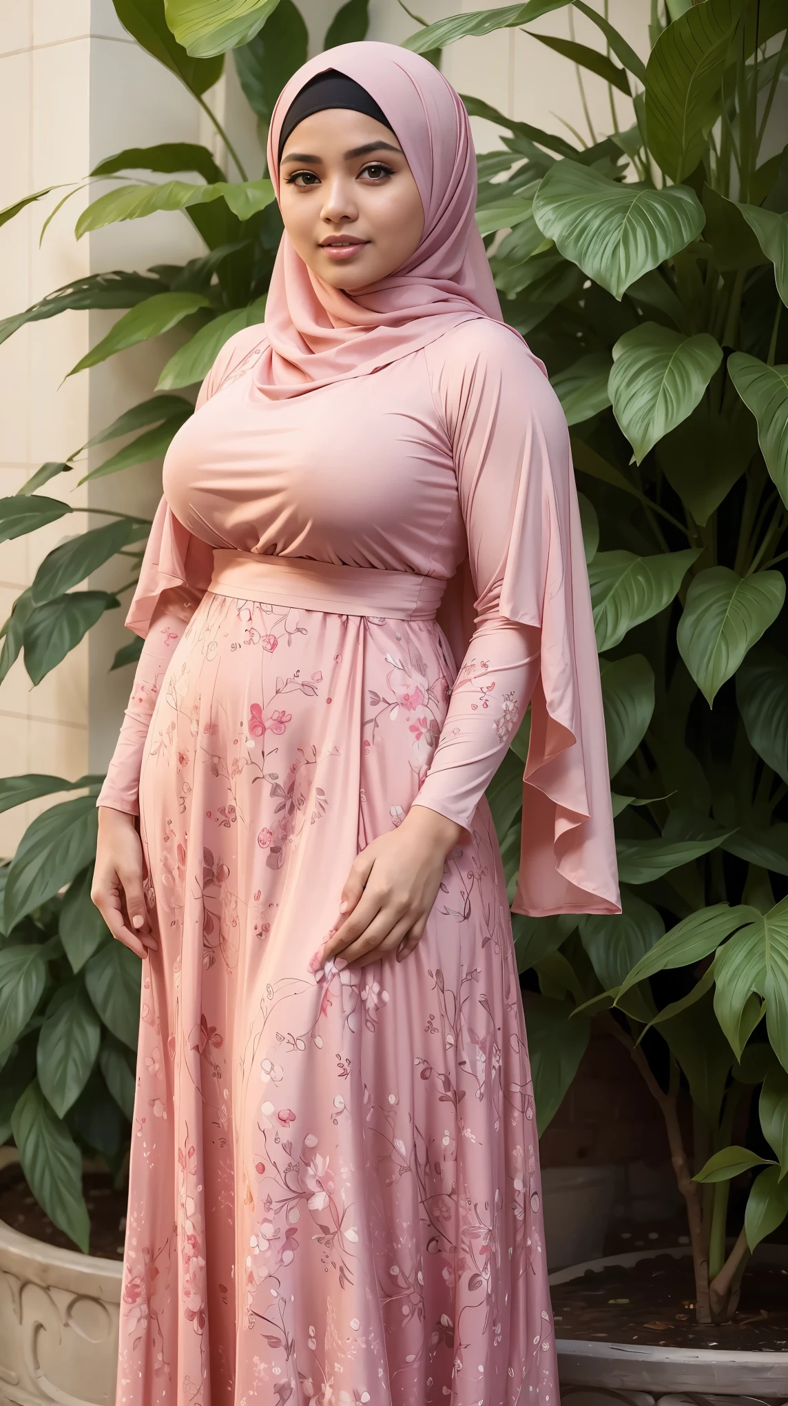 masterpiece, best quality, realistic, photorealistic, highly detailed, highly detailed face, solo, 1 pregnant girl, pink_shirt, wearing hijab, no makeup, long dress, long curly hair, bangs, walking, urban city, rain,