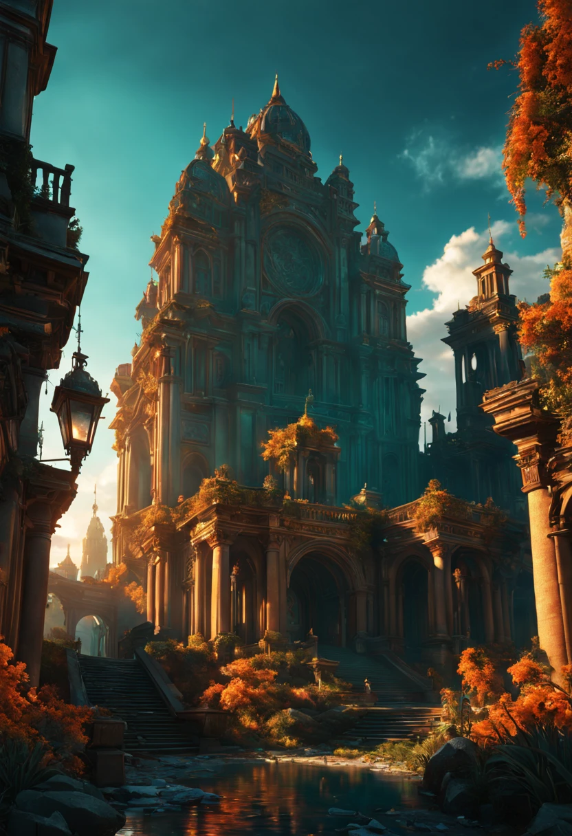 Ancient City at Sunset, detailed matte painting, deep color, fantastical, intricate detail, splash screen, complementary colors, fantasy concept art, 8k resolution trending on Artstation Unreal Engine 5 intricate details, HDR, beautifully shot, hyperrealistic, sharp focus, megapixels, perfect composition, high contrast, cinematic, atmospheric, moody Epic cinematic brilliant stunning intricate meticulously detailed dramatic atmospheric maximalist digital matte painting 8k resolution concept art by Greg Rutkowski dynamic lighting hyperdetailed intricately detailed Splash art trending on Artstation triadic colors Unreal Engine 5 volumetric lighting Alphonse Mucha WLOP Jordan Grimmer orange and teal