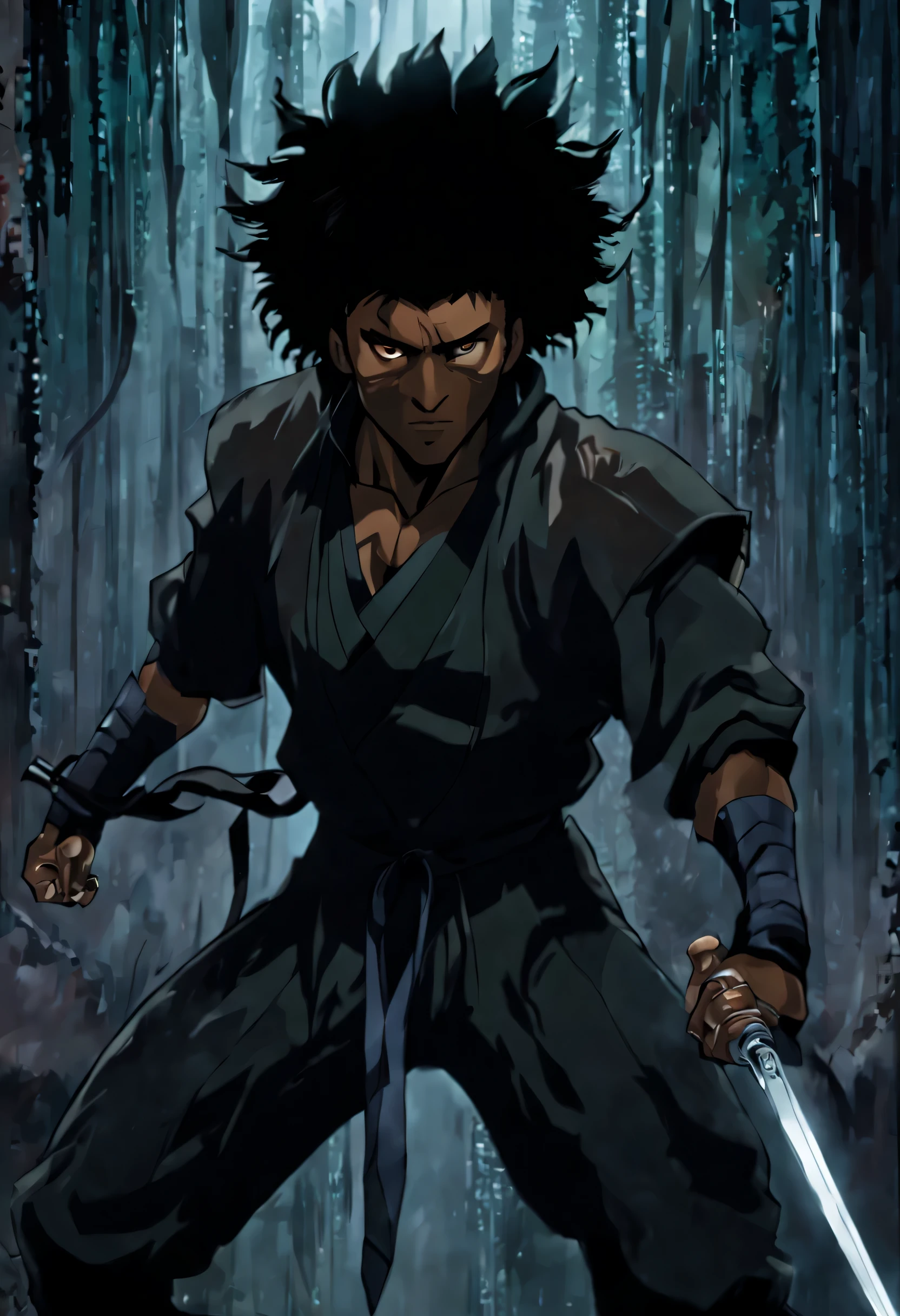 (best quality, highres, ultra-detailed:1.2), black African american male anime ninja, carrying a sword, dark brown skin, black african male features, dark atmosphere, intense action, stealthy movements, full body pose, complete body in frame, solo mission, dynamic poses, all black ninja attire, black ninja mask,  intense eyes, black afrocentric hair, black afro, african American hairstyle, darkest brown skin, coffe dark skin, intricate details, ninja boots, energetic background, vibrant colors, comic book style, dramatic lighting, sharp focus
