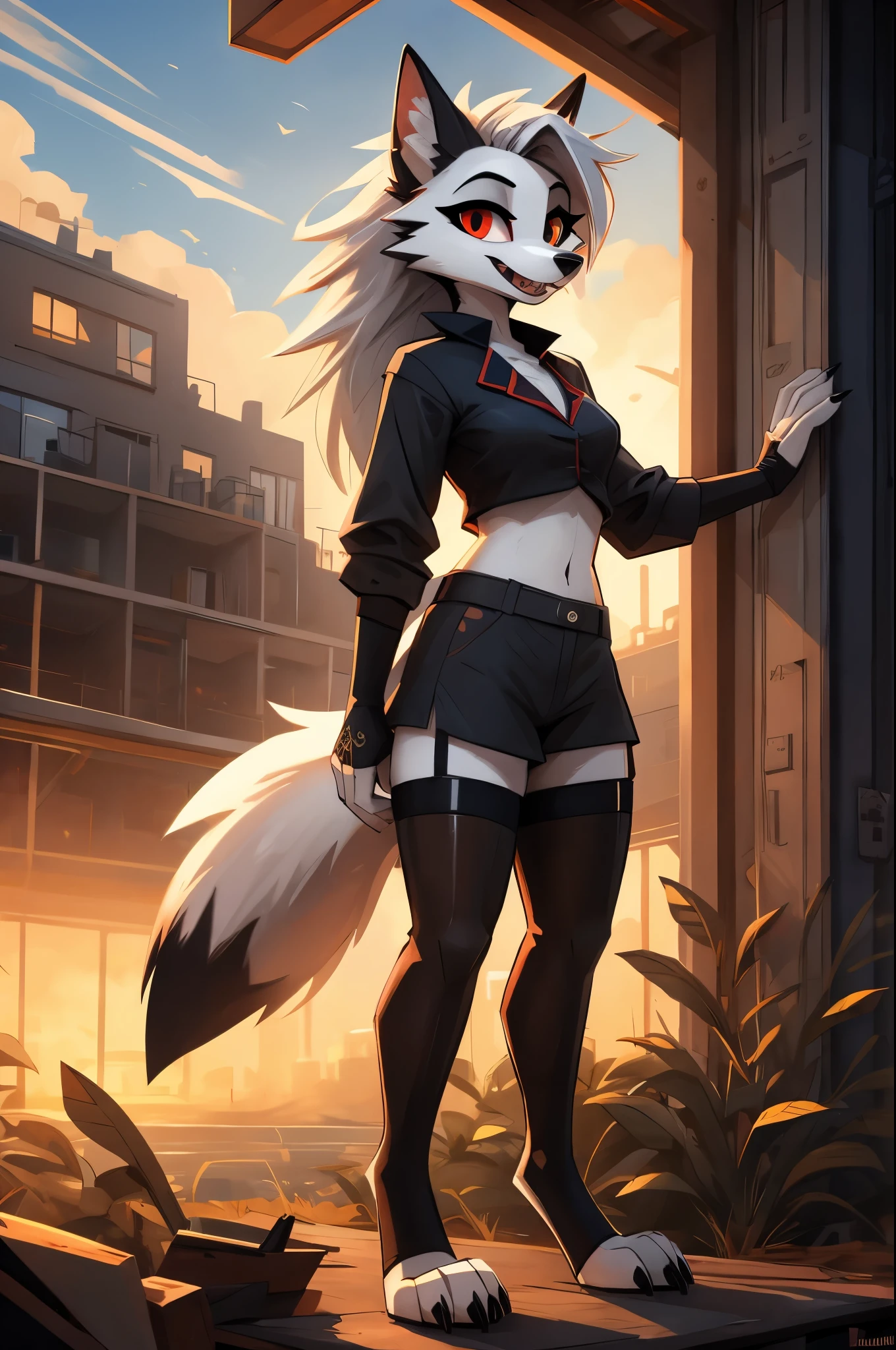 Masterpiece, best quality, Masterpiece, best quality, 1 fox , furry , black fox , wear less , abdomen , Long legs , Put your hands on your hips. , barefoots , full body , abandoned factory , at night