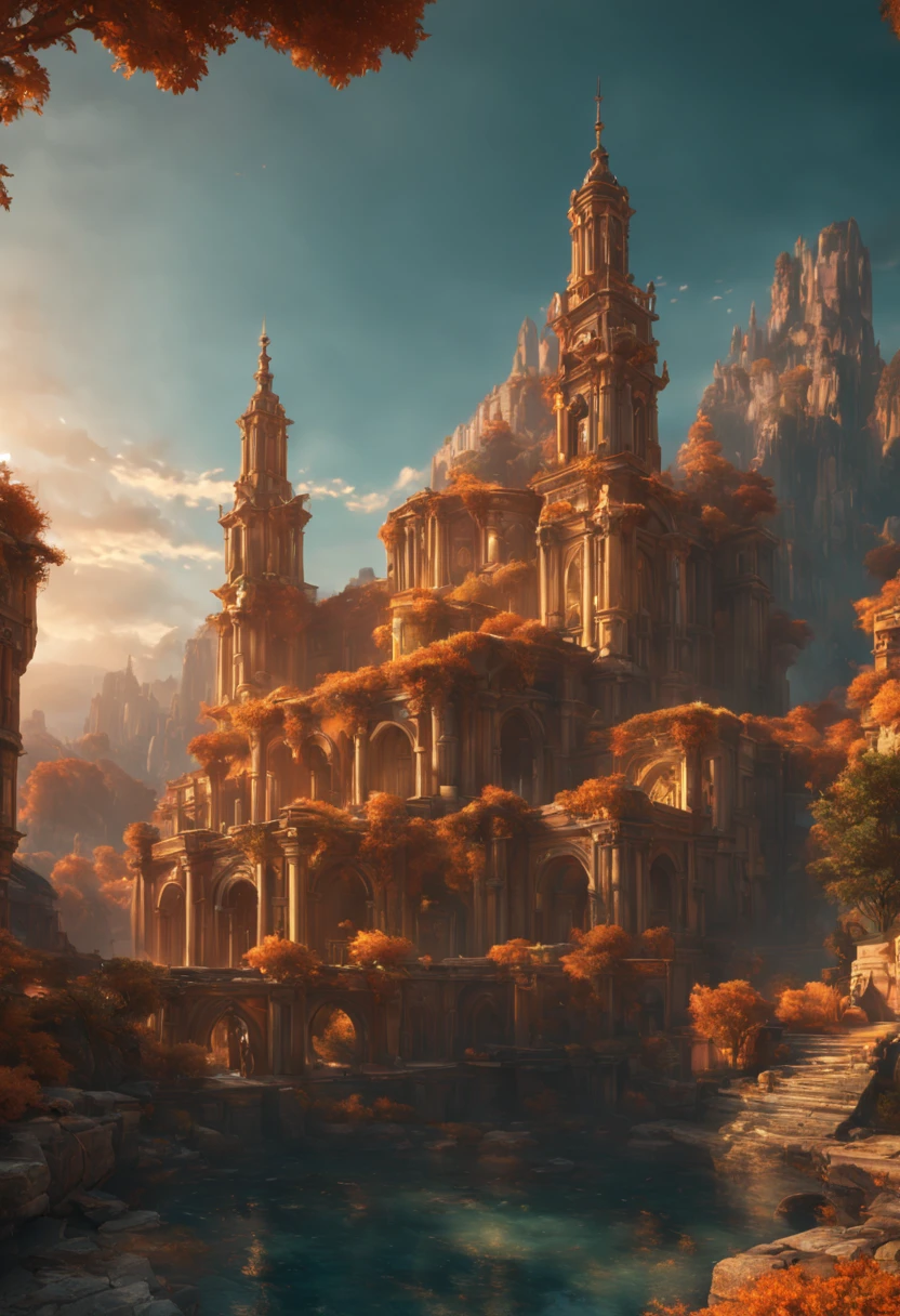Ancient City at Sunset, detailed matte painting, deep color, fantastical, intricate detail, splash screen, complementary colors, fantasy concept art, 8k resolution trending on Artstation Unreal Engine 5 intricate details, HDR, beautifully shot, hyperrealistic, sharp focus, megapixels, perfect composition, high contrast, cinematic, atmospheric, moody Epic cinematic brilliant stunning intricate meticulously detailed dramatic atmospheric maximalist digital matte painting 8k resolution concept art by Greg Rutkowski dynamic lighting hyperdetailed intricately detailed Splash art trending on Artstation triadic colors Unreal Engine 5 volumetric lighting Alphonse Mucha WLOP Jordan Grimmer orange and teal