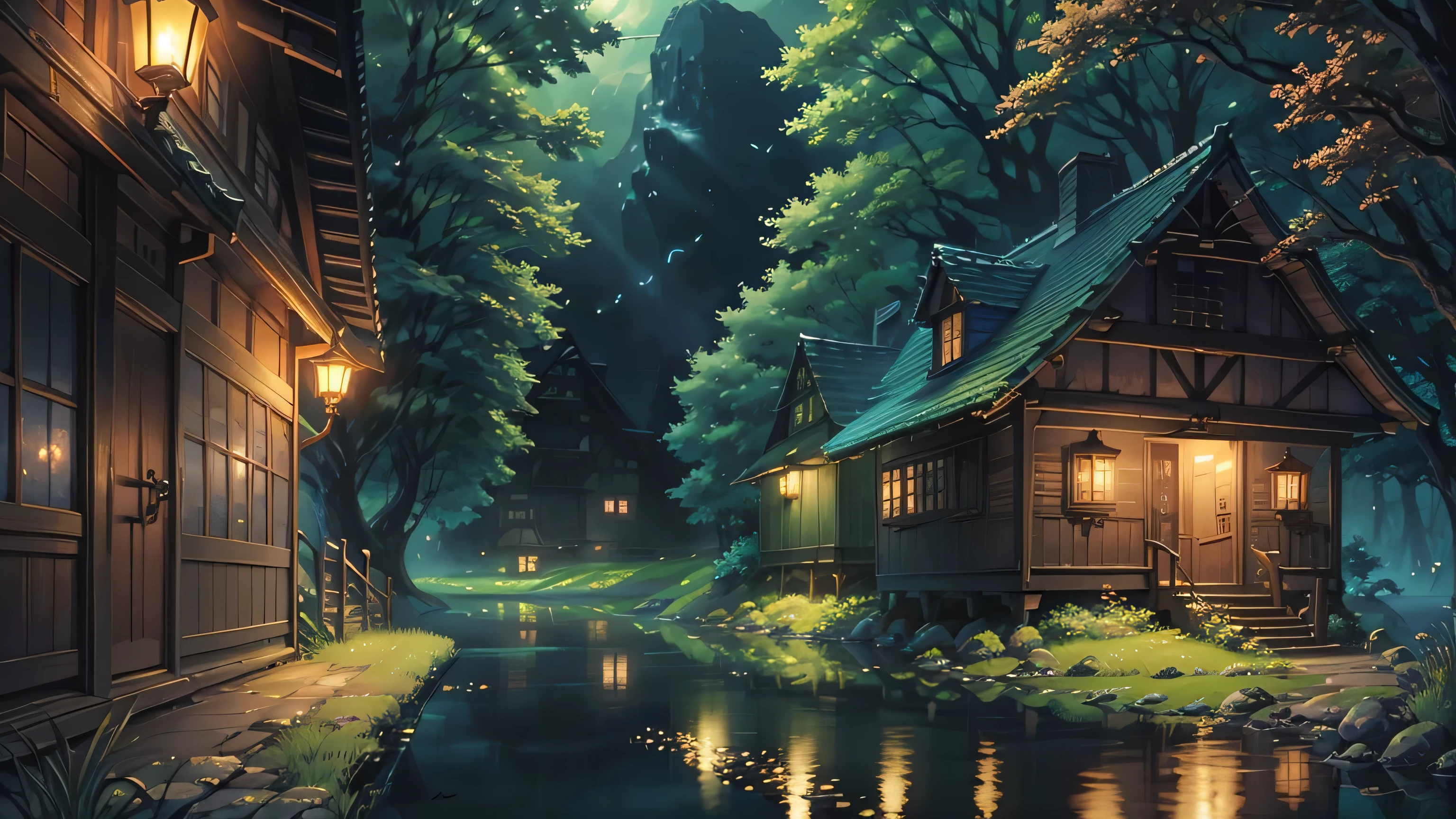 Flock of fireflies、Fantastical、natta、lake、、Ghibli style