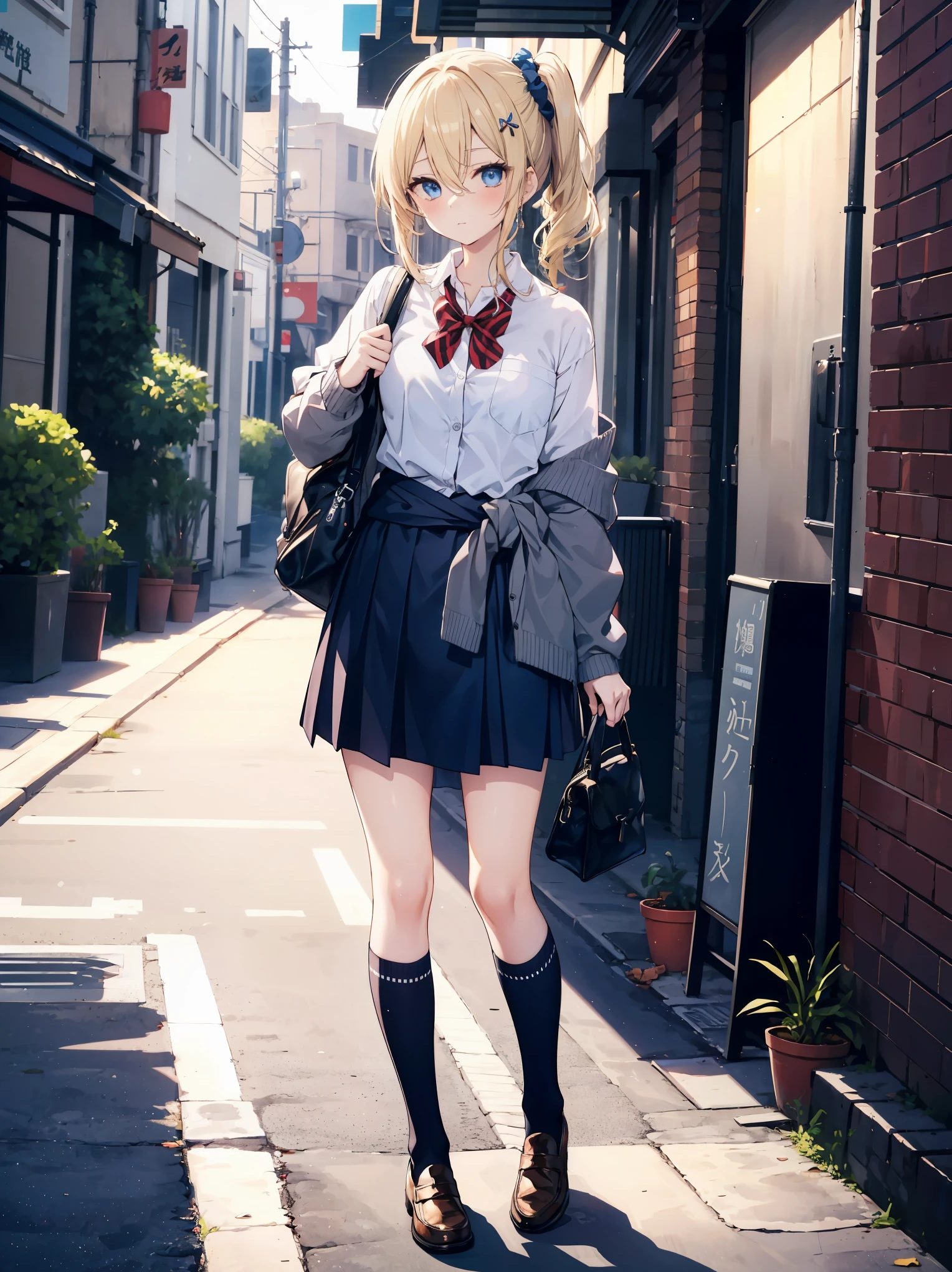 (best quality),(masterpiece),(ultra detailed),(highres),production art,1girl, shuuchiin academy school uniform, hayasaka ai, solo, school uniform, blue eyes, blonde hair, side ponytail, clothes around waist, bag, shoes, blue scrunchie, scrunchie, hair ornament, loafers, sweater around waist, hair between eyes, socks, hair scrunchie, shirt, sweater, heart, looking at viewer, full body, standing, white shirt, cardigan, black socks, cardigan around waist, brown footwear, charm (object), bag charm, kneehighs,