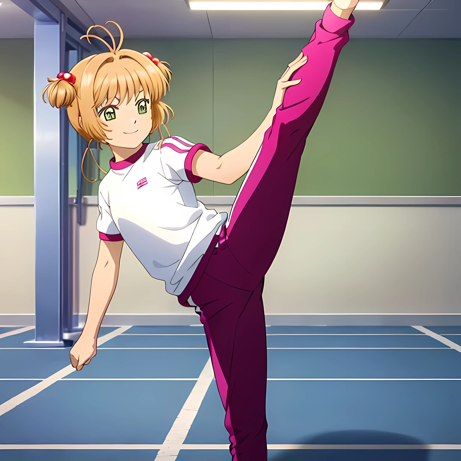 masterpiece, highest quality, 1 girl, alone, Kinomoto Sakura, two side up, smile, kicking, raise your legs, standing split, stand on one leg, Gym suit, bloomers