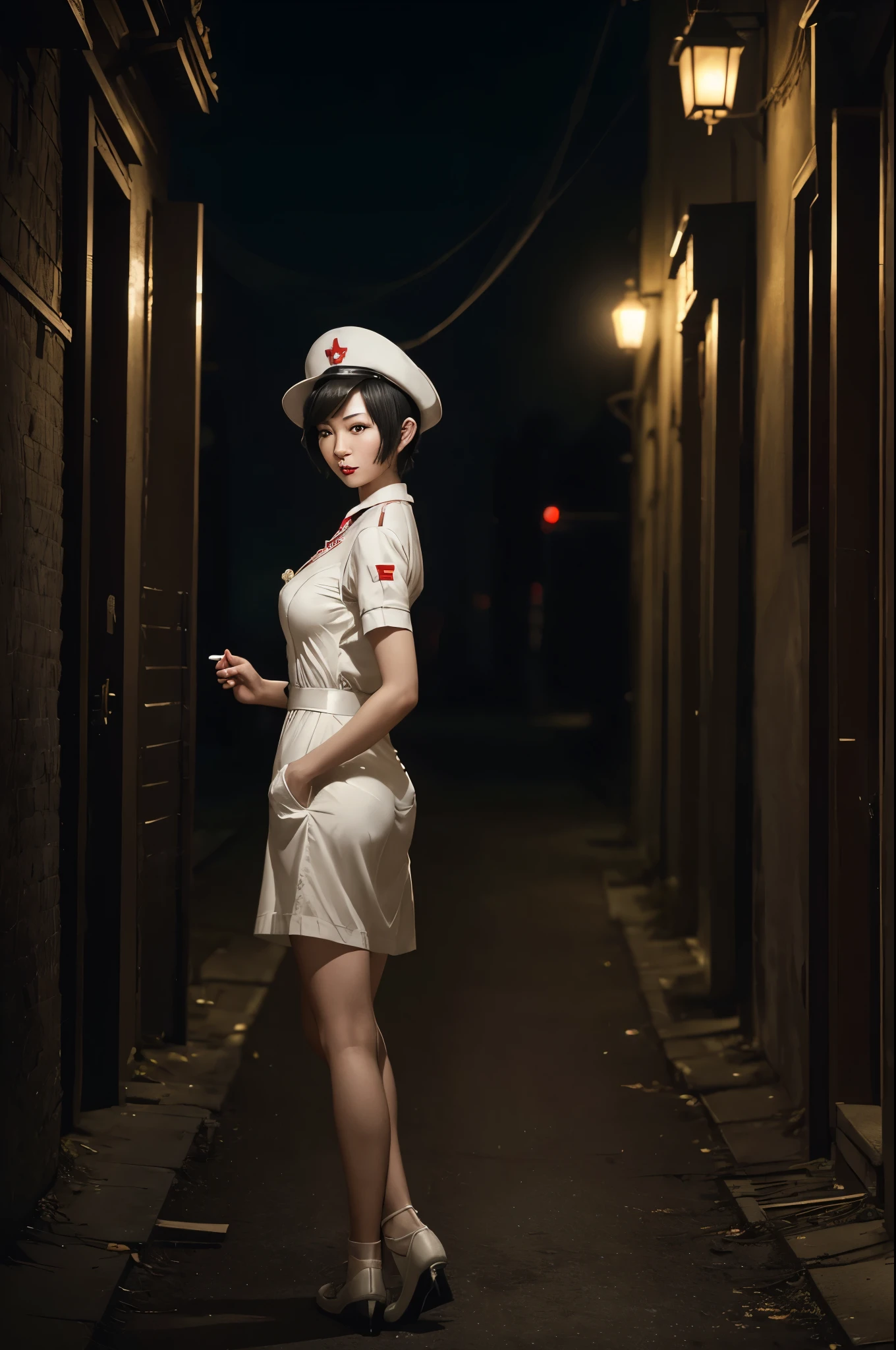 Asian WW2 nurse, ((beautiful face)) (short hair), (makeup), white lingerie and nurse's hat, ((full body shot)) runs toward viewer looking back, scared, behind her in the shadows a giant preying mantis, ((deserted WW2 European street)) ((spooky night)), dramatic lighting, (depth of field), ((masterpiece)), ((best quality)), ((highly detailed))