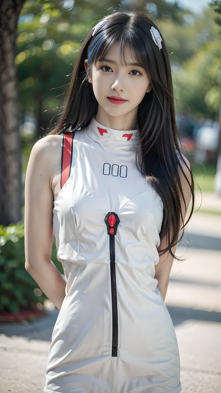best quality, natural lighting, masterpiece, 1 girl, perfect beautiful face, (photo photo:1.3), edge lighting, photography lighting, (high detail skin:1.2), 8k ultra hd, DSLR, high quality, high resolution, white skin, detailed textured skin, 3/4 body in frame, sexy posing, cute smile face, close-lip, perfect propotion face, symetric face, eye level shot, 4k, 8k, bokeh, absurd, best ratio four fingers and one thumb, (realistic:1.3), beautiful detailed girl, cute 1girl, long hair, bangs, volume hairs, collosal-breast, full looking breast, projecting breast, slim waist, slender, small thighs, perfectly proportion, scenery background, detailed background, trees, clouds, ayanami_cosplay_costume, plugsuit, blue hair, ayanami rei, pilot suit, cosplay, long hair, interface headset, hairpods, gloves, bracer, skin tight, sleeveless, hands behind back, seductive pose