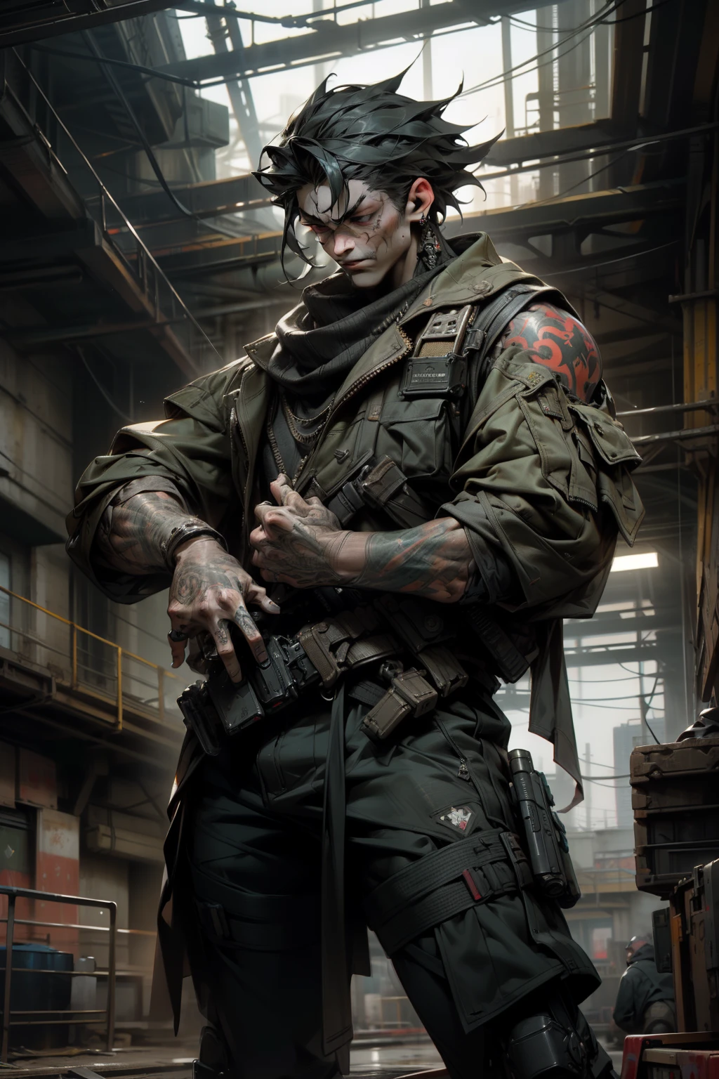 "Intimidating Russian boy, armed with deadly guns, exudes a badass attitude in this hyper-realistic 3D masterpiece. The scene radiates a gritty, militaristic aesthetic, with the figures boldly depicted against a backdrop of industrial, cyberpunk architecture. The colors are rich and saturated, primarily featuring deep greens, grays, and reds, adding to the overall intensity and energy of the artwork."

(Featuring the highest quality textures and intricate details)
An epic battle unfolds as the Russian boy, oozing confidence, takes center stage. His tattoos and piercings add to his menacing presence, while his guns gleam o