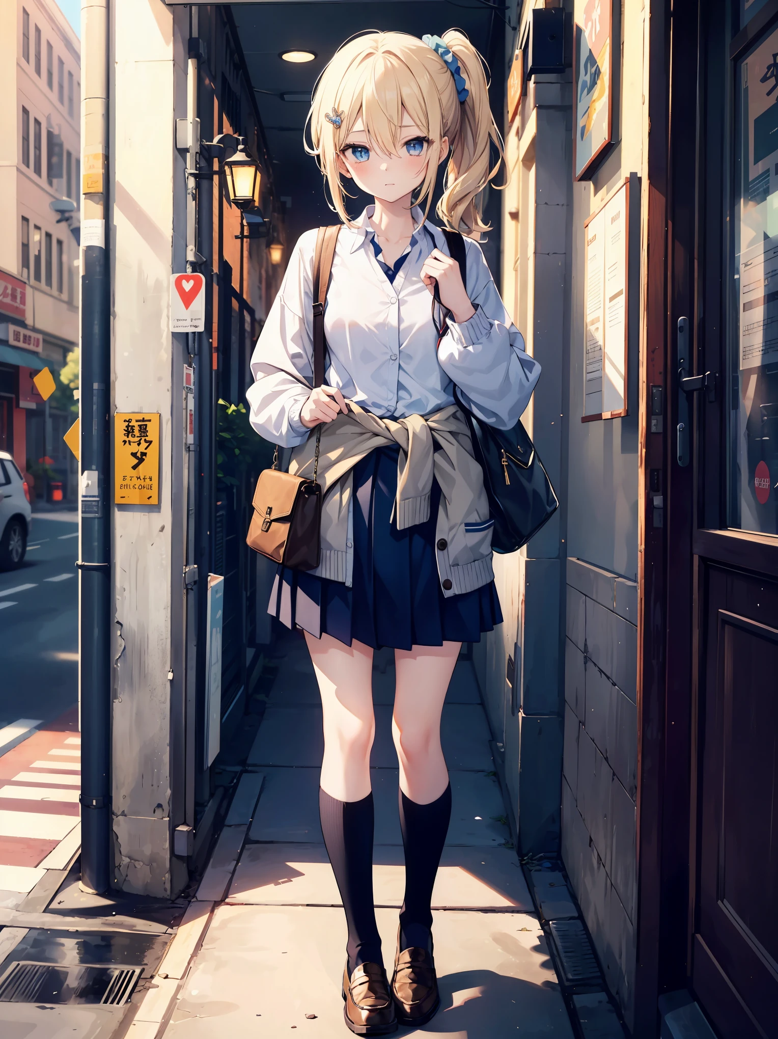 (best quality),(masterpiece),(ultra detailed),(highres),production art,1girl, shuuchiin academy school uniform, hayasaka ai, solo, school uniform, blue eyes, blonde hair, side ponytail, clothes around waist, bag, shoes, blue scrunchie, scrunchie, hair ornament, loafers, sweater around waist, hair between eyes, socks, hair scrunchie, shirt, sweater, heart, looking at viewer, full body, standing, white shirt, cardigan, black socks, cardigan around waist, brown footwear, charm (object), bag charm, kneehighs, 