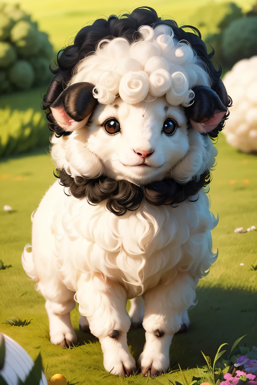 (a ball-shaped sheep,little ears and a curly,wavy fur,playful expression),(photorealistic,highres,sharp focus),(cute,adorable:1.1),(((black-faced))),white fluffy body,round body,peaceful surroundings,green grass),(shepherd's delight,colorful, vibrant,colorful surroundings,joyful atmosphere),(soft lighting,golden hour lighting)
