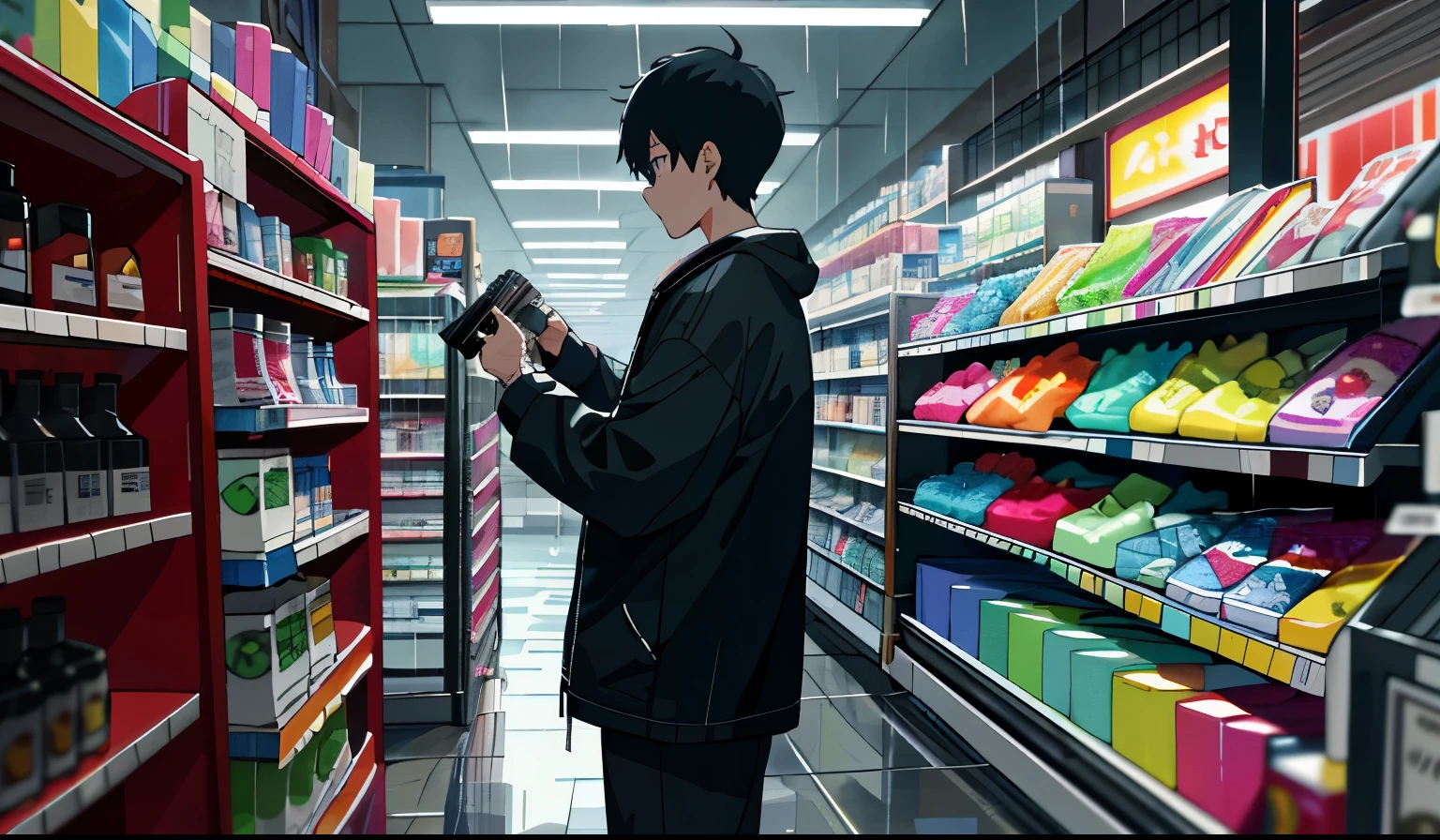 a boy arranging items on the shelves in the store,mini mart, rainy outside,night time, manga illustration style,unreal engine,8k,RGB