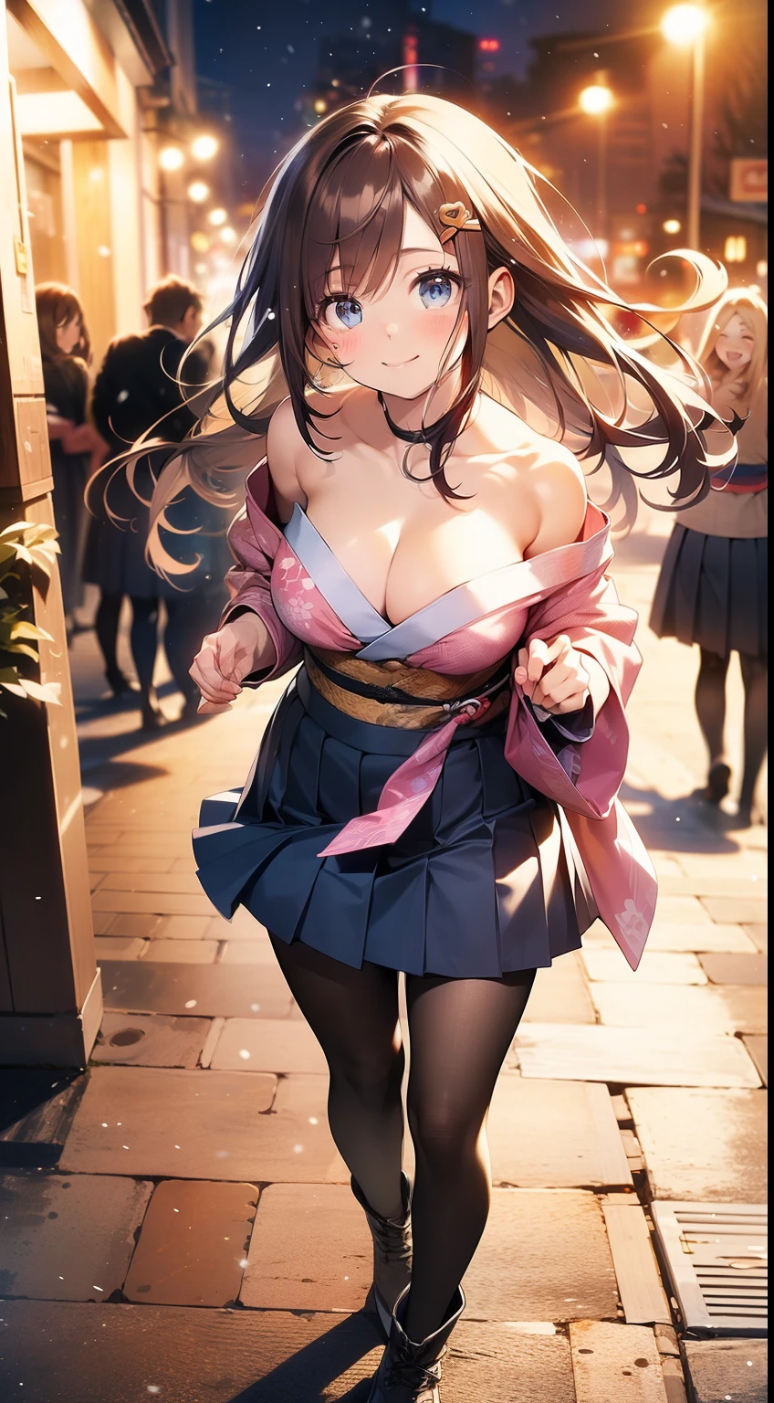 ((masterpiece, best quality, high resolution, ultra high definition, Pixel perfect, wide angle, 4K, RTX, human development report))), 1girl in, single, alone, Beauty、see whole body、 (( Reddish-brown hair , very long hair , Short Liuhai )), ((blue eyes, beautiful eyelashes, realistic eyes)), ((Detailed face, blush:1.2)), ((smooth texture:0.75, lifelike质感:0.65, lifelike:1.1, Anime CG style)), medium breasts, Perfect body, (( Pink Japanese kimono, pleated skirt, bare shoulders ,Black tights ,Black boots)), Smile, Celebrating with birthday cake in hand , (The wind blows the long hair,bare shoulders、exposing her chest、Black tights) , It's snowing at night