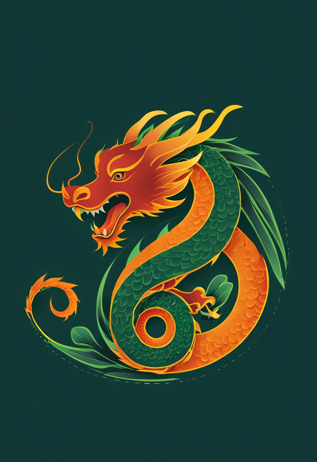 Sketch style, Simple orange-red negative space on dark green background, Imaginative and cute, Chinese dragon, Smile，three-dimensional，flat, vector, clip art, Greg Staples style, Opat, -- s 200-ar 9:16- Chaos 15- Version 5.2