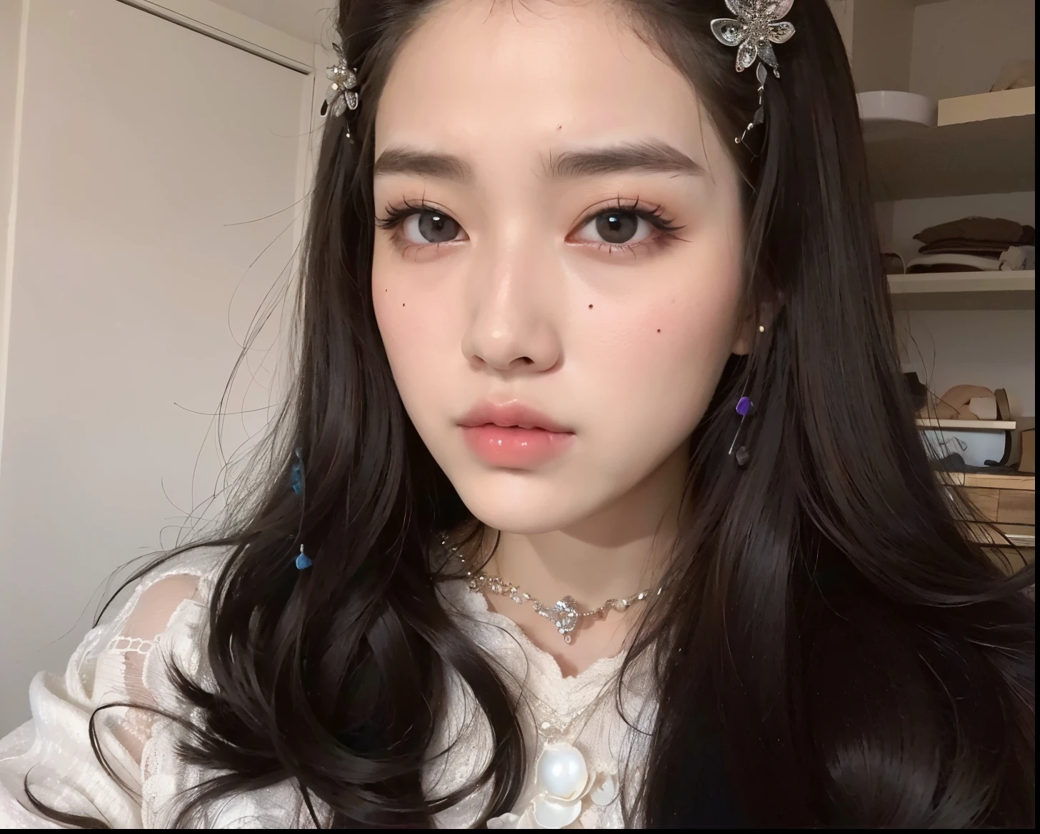 there is a woman with long hair wearing a tiable and a necklace, ulzzang, aesthetic cute with flutter, cruel korean goth girl, dilraba dilmurat, sakimichan, girl cute-fine-face, asian face, beautiful asian girl, korean girl, with long hair and piercing eyes, young cute wan asian face, beautiful aesthetic face