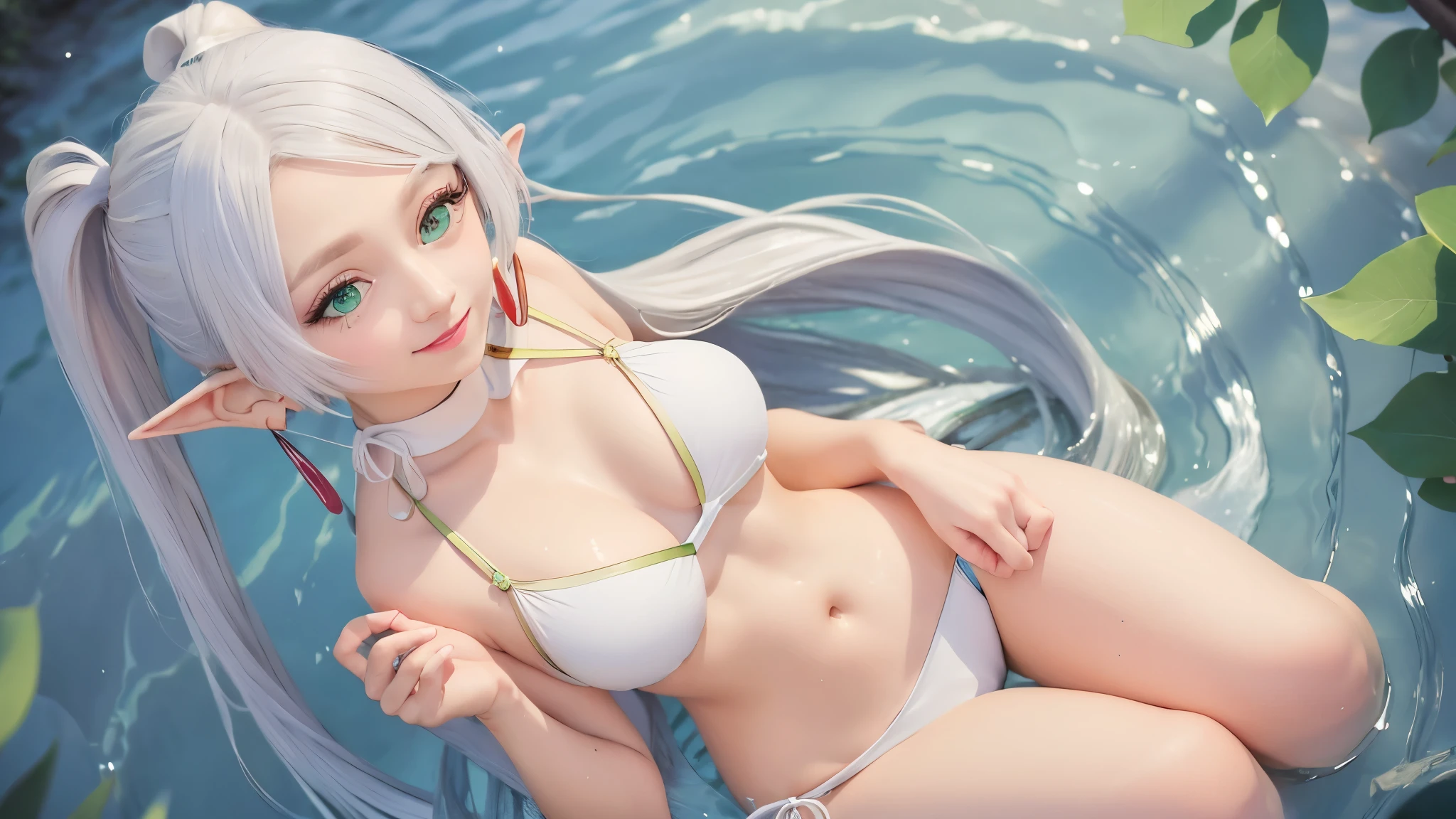 highest quality, 8K, Super detailed, photorealistic, ((masterpiece)), (highest quality), High resolution, Super detailed, confused,
 freeze, 1 girl, earrings, long hair, pointy ears, one person々in, twin tails, green eyes, earrings, gray hair, looking at the viewer, white swimsuit, (white bikini:1.3), take a dip in the lake, Upper body, smile, From above, Stretching out both hands Big forest lake background