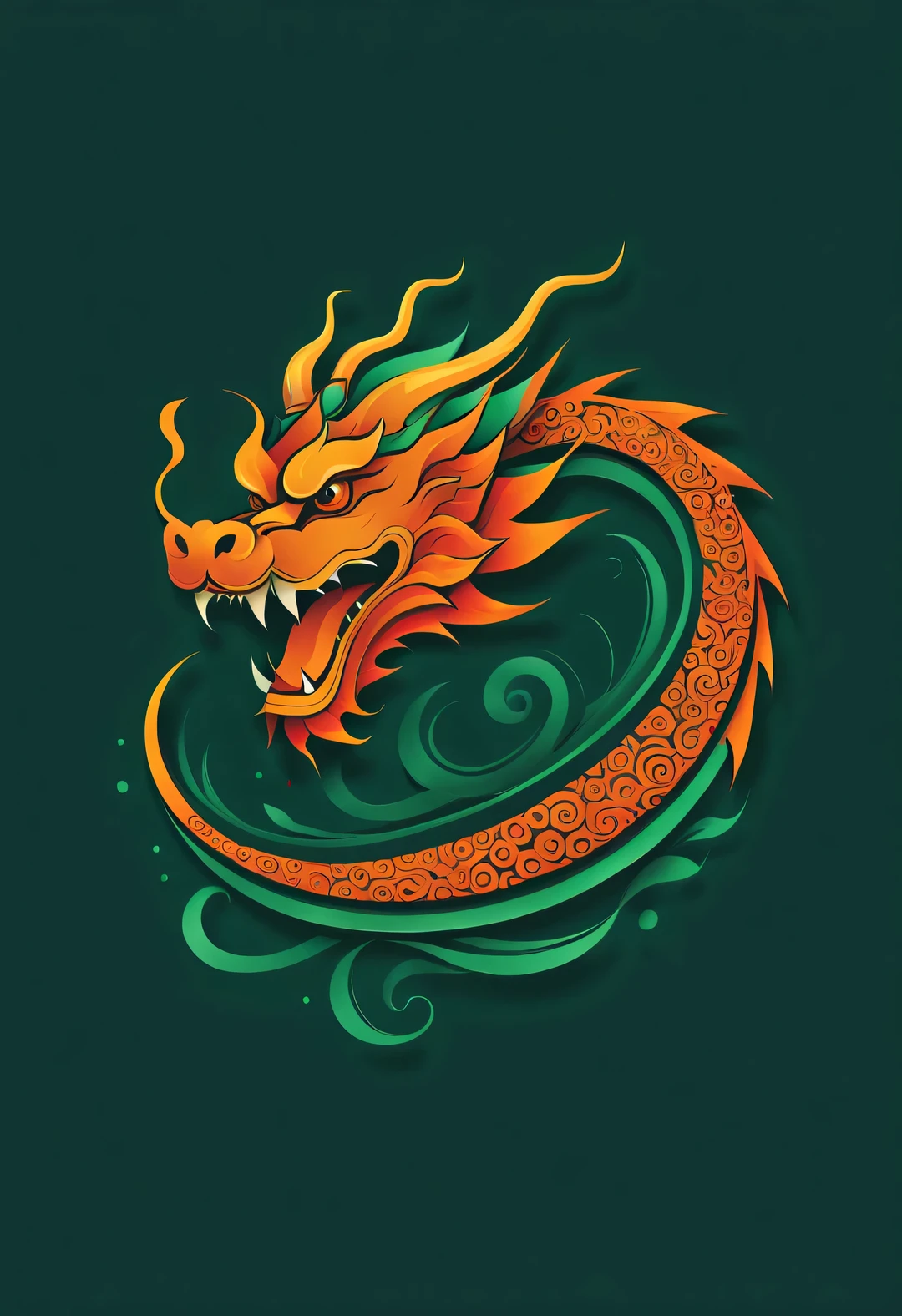 Sketch style, Simple orange-red negative space on dark green background, Imaginative and cute, Chinese dragon, flat, vector, clip art, Greg Staples style, Opat, -- s 200-ar 9:16- Chaos 15- Version 5.2