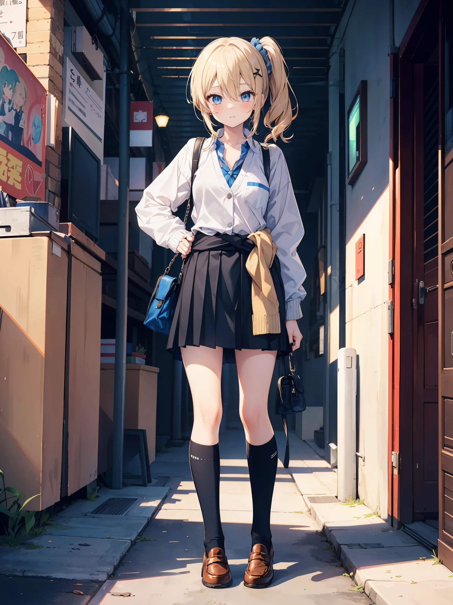 (best quality),(masterpiece),(ultra detailed),(highres),production art,1girl, shuuchiin academy school uniform, hayasaka ai, solo, school uniform, blue eyes, blonde hair, side ponytail, clothes around waist, bag, shoes, blue scrunchie, scrunchie, hair ornament, loafers, sweater around waist, hair between eyes, socks, hair scrunchie, shirt, sweater, heart, looking at viewer, full body, standing, white shirt, cardigan, black socks, cardigan around waist, brown footwear, charm (object), bag charm, kneehighs,