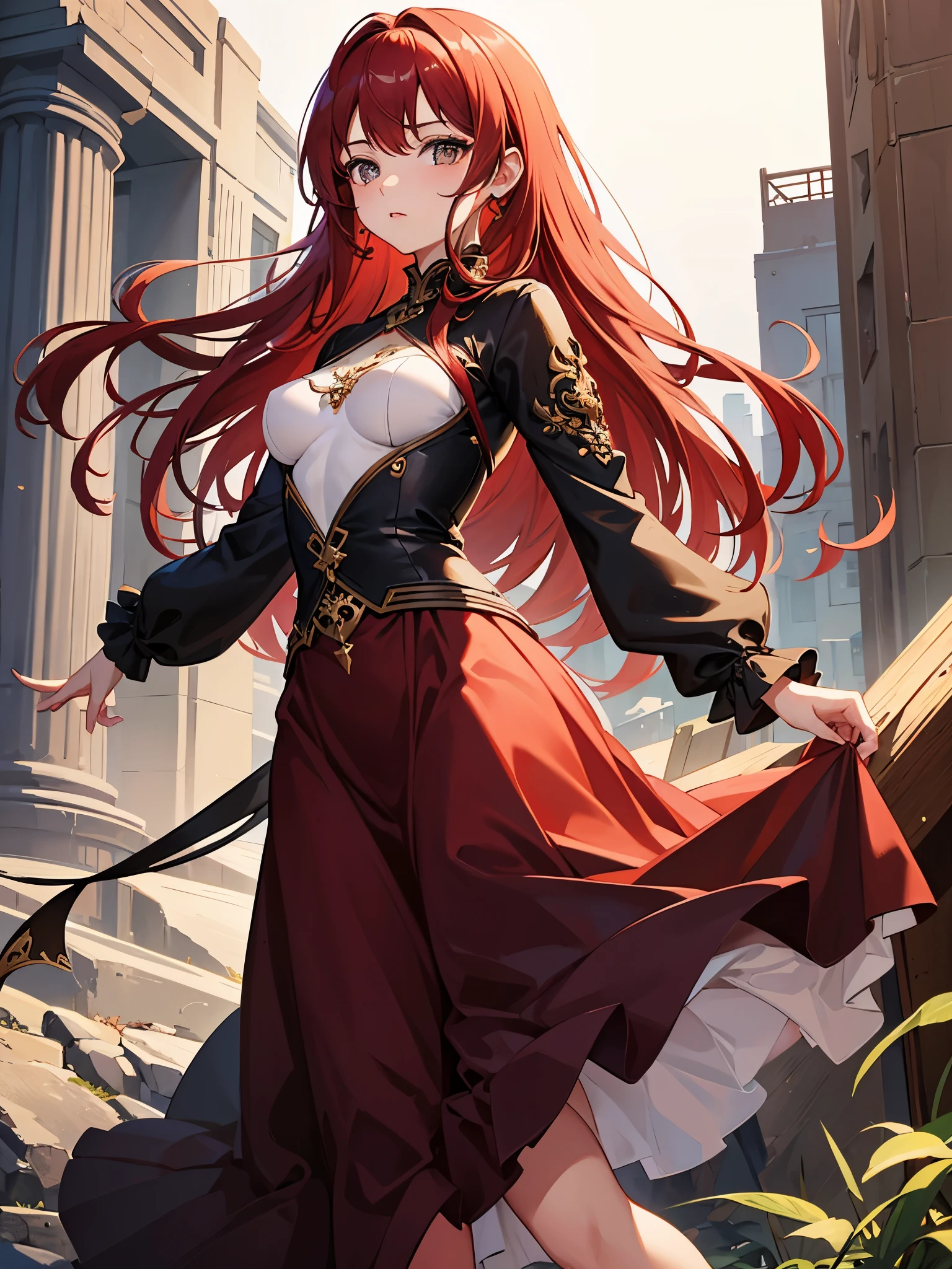 young girl, llong orange hair, Cyan eyes, white fencing dress, Sleeveless, open breasts, long skirt, sword, Gold Elements, gems, Masterpiece, hiquality