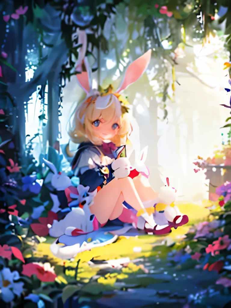 (highest quality,masterpiece,16K or 8K,Super detailed),white background, blondhair kemono,girl,(long droopy rabbit ears),rabbit's tale, golden eyes, big eyes ,Flowers and colorful plants, beautiful,magical forest,colorful butterflys,cute,fantasy, pastel academia, dappled sunlight, soft lighting, full body shot, happy, sitting on the floor, (looking at viewer),holding a rabbit, shy, flushed cheeks, sitting on the floor、one rabbit,