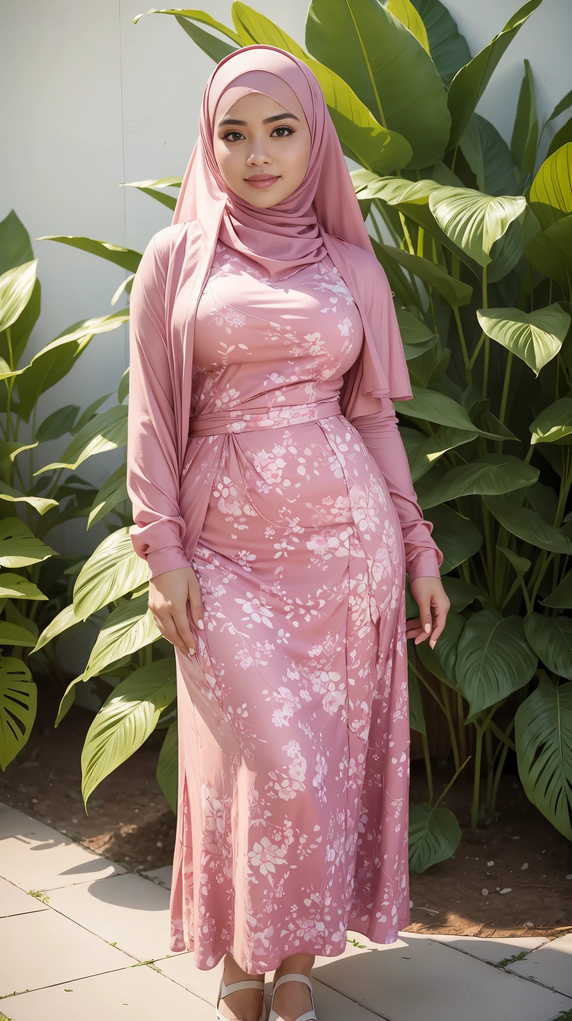 RAW, (Best quality, high resolution, work: 1.3), Beautiful Malay woman in hijab, perfect fit body, (Big breasts) , Beautiful big eyes, Soft smile, beautiful face, slightly open mouth, thick thighs, beautiful buttocks, , beautiful big eyes , gentle smile, beautiful girl, detailed face, Muslim woman in a pink dress and white floral patterned long skirt standing next to a bonsay ornamental plant, wearing a long red floral patterned chiton, full body picture, wearing a pink floral patterned dress, Malaysia, moron red long skirt, wearing a long flowing cloth, with a beautiful look Beautiful, perfect lighting, 8k