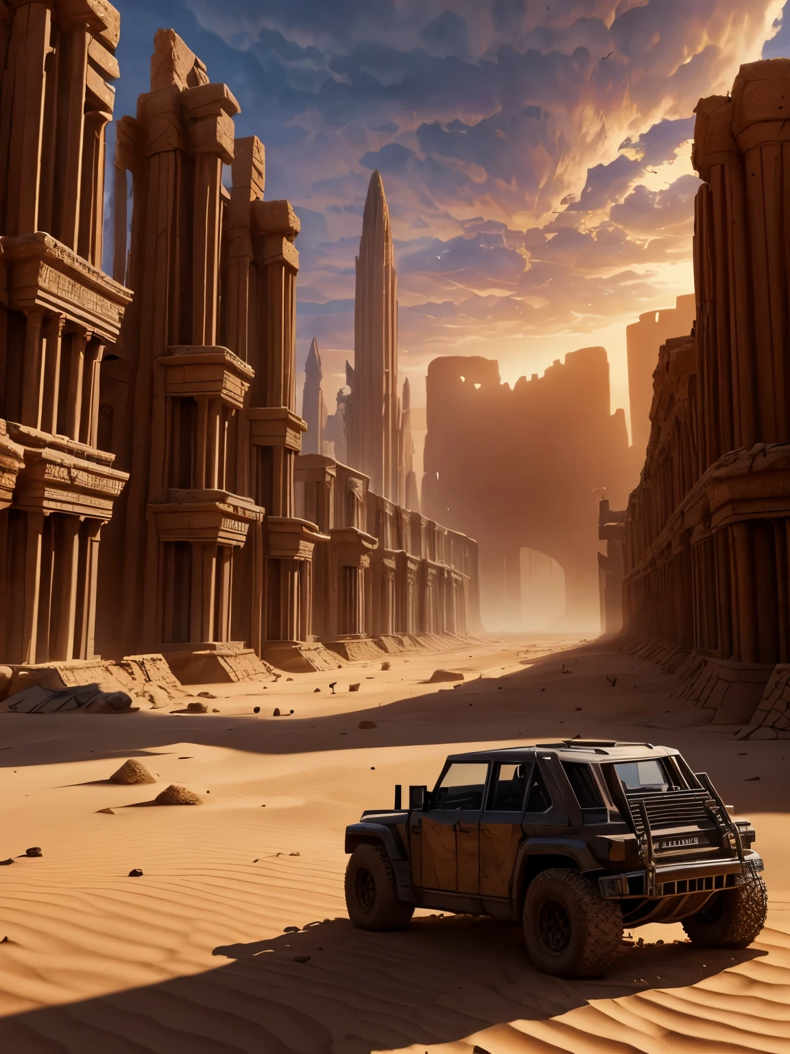 Ancient City at Sunset,Best quality,masterpiece,ultra high res,1girl,beautiful_face,detailed skin,gu,dragon,full body,weapon,black hair,holding weapon,blood,arm guards,male focus,looking at viewer,black eyes,tabi,floating hairfull body,orange,hands up,(masterpiece, best quality, ultra-detailed, best shadow),, A desert wasteland stretches out before you, a seemingly endless expanse of sand and rock. In the distance, you can see the ruins of an ancient city, its crumbling walls and towering spires a testament to the grandeur of a lost civilization. Strange, mechanical beasts patrol the desert, while sandstorms and electrical storms rage overhead, adding a sense of danger and unpredictability to the scene