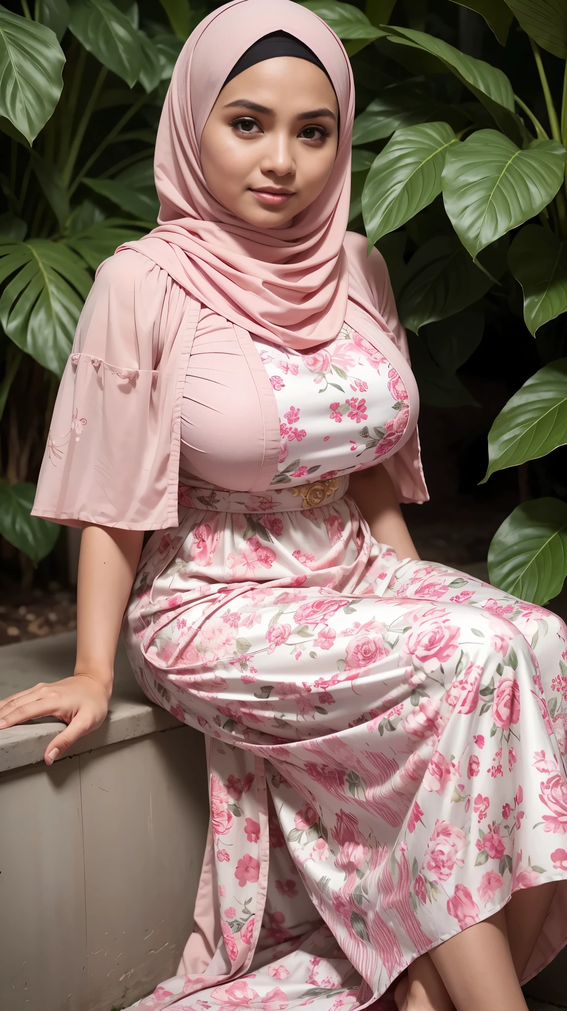 RAW, (Best quality, high resolution, work: 1.3), Beautiful Malay woman in hijab, perfect fit body, (Big breasts) , Beautiful big eyes, Soft smile, beautiful face, slightly open mouth, thick thighs, beautiful buttocks, , beautiful big eyes , gentle smile, beautiful girl, detailed face, Muslim woman in a pink dress and white floral patterned long skirt sitting next to a bonsay ornamental plant, wearing a long red floral patterned chiton, full body picture, wearing a pink floral patterned dress, Malaysia, moron red long skirt, wearing a long flowing cloth, with a beautiful look Beautiful, perfect lighting, 8k