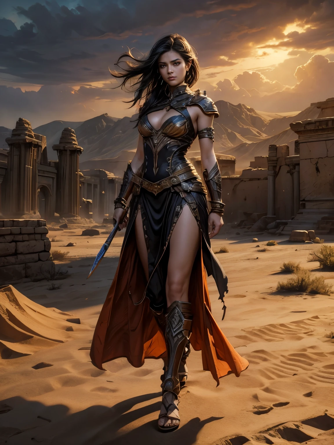 Ancient City at Sunset,Best quality,masterpiece,ultra high res,1girl,beautiful_face,detailed skin,gu,dragon,full body,weapon,black hair,holding weapon,blood,arm guards,male focus,looking at viewer,black eyes,tabi,floating hairfull body,orange,hands up,(masterpiece, best quality, ultra-detailed, best shadow),, A desert wasteland stretches out before you, a seemingly endless expanse of sand and rock. In the distance, you can see the ruins of an ancient city, its crumbling walls and towering spires a testament to the grandeur of a lost civilization. Strange, mechanical beasts patrol the desert, while sandstorms and electrical storms rage overhead, adding a sense of danger and unpredictability to the scene