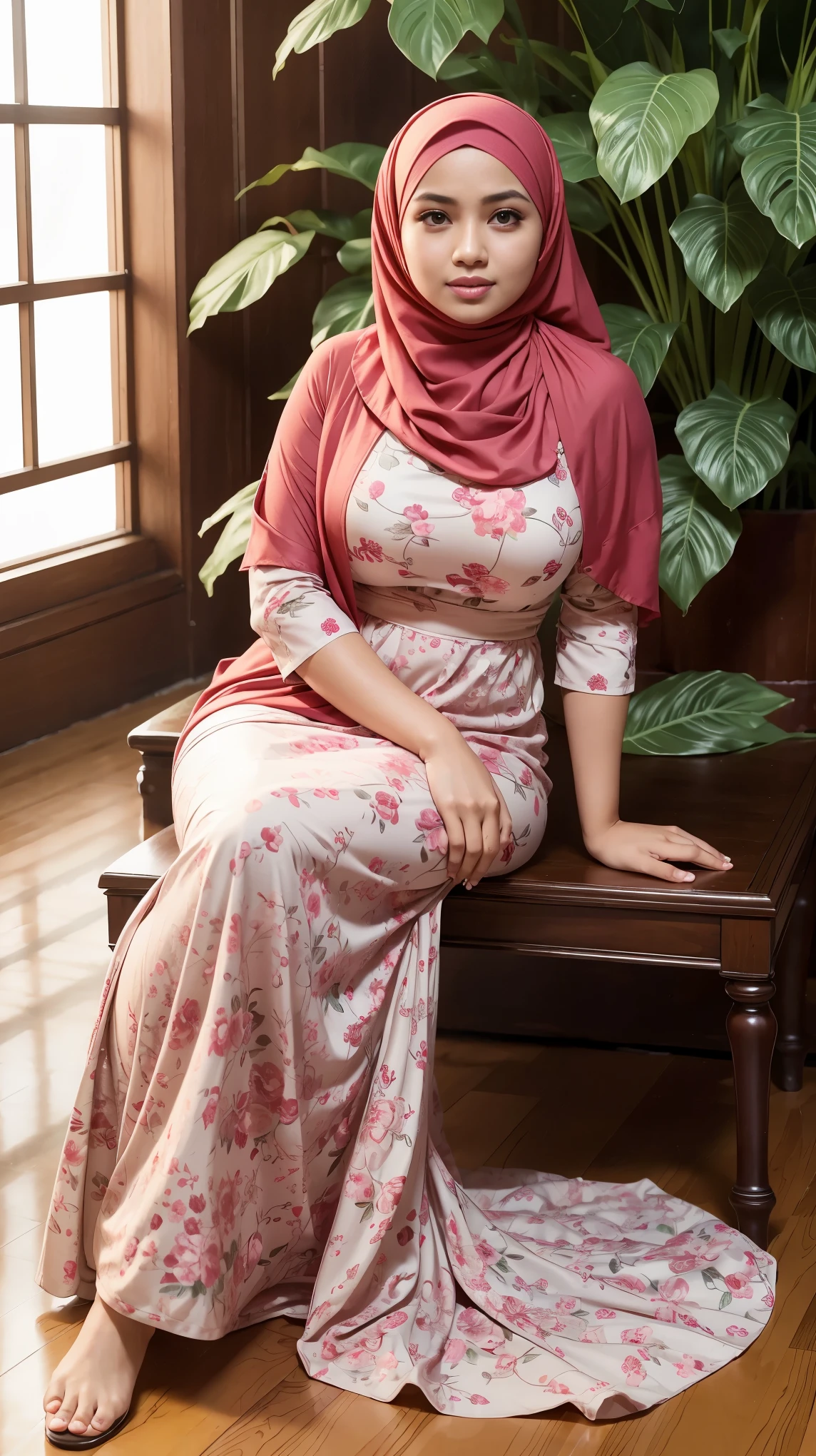 RAW, (Best quality, high resolution, work: 1.3), Beautiful Malay woman in hijab, perfect fit body, (Big breasts) , Beautiful big eyes, Soft smile, beautiful face, slightly open mouth, thick thighs, beautiful buttocks, , beautiful big eyes , gentle smile, beautiful girl, detailed face, Muslim woman in a pink dress and white floral patterned long skirt sitting next to a bonsay ornamental plant, wearing a long red floral patterned chiton, full body picture, wearing a pink floral patterned dress, Malaysia, moron red long skirt, wearing a long flowing cloth, with a beautiful look Beautiful, perfect lighting, 8k