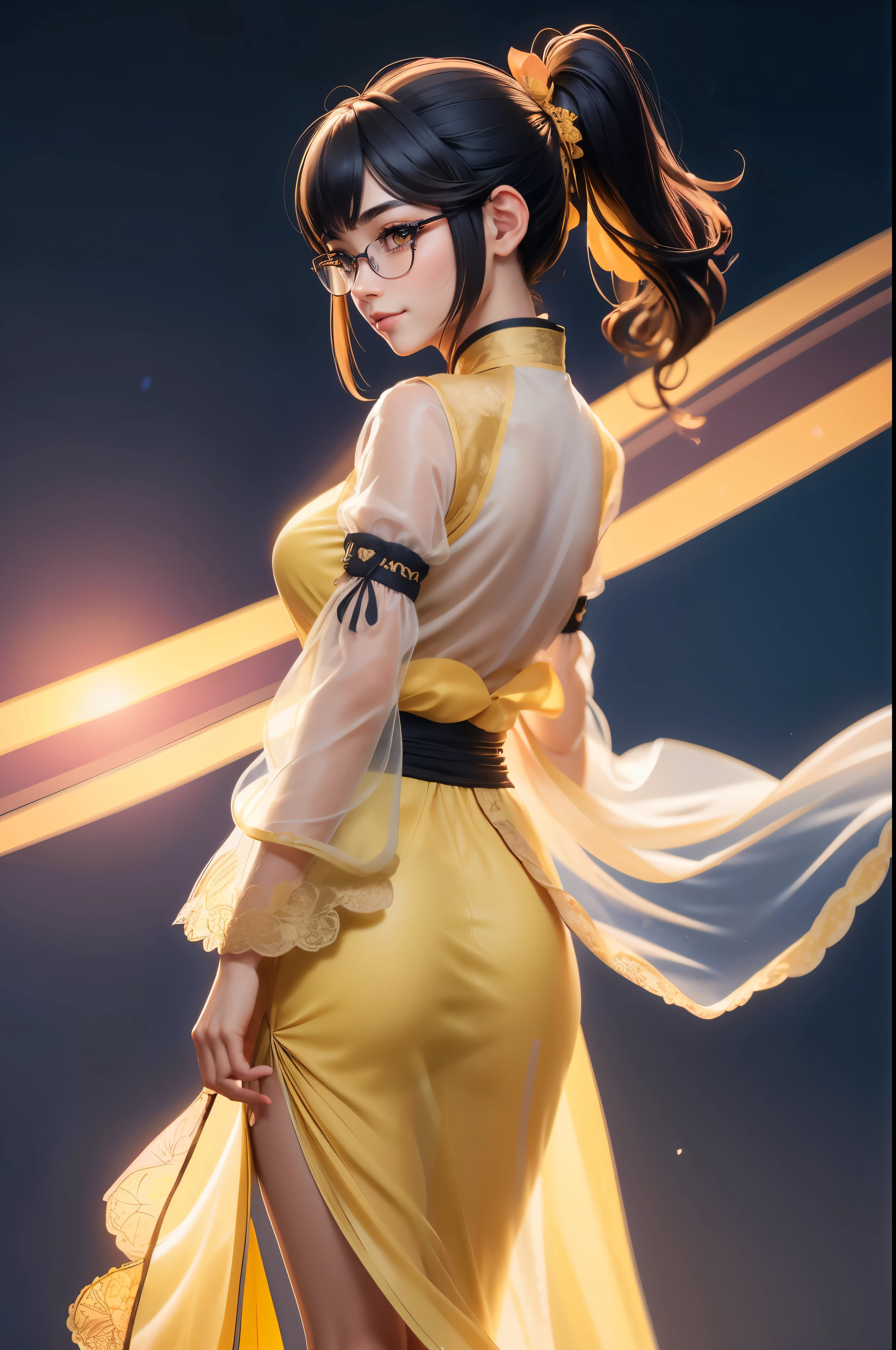 ((from behind)), lovely woman, black hair in a ponytail, smooth, hair accessories, wear glasses, smile brightly, small breasts, Thin waist, ((Wear Hanfu(see through) )Many layers of intricate details (pastel yellow))), Clothes flutter in the wind., seductive dance, The background is an island with only peach trees in bloom., Many peach blossom petals flutter., morning light, anime, High quality