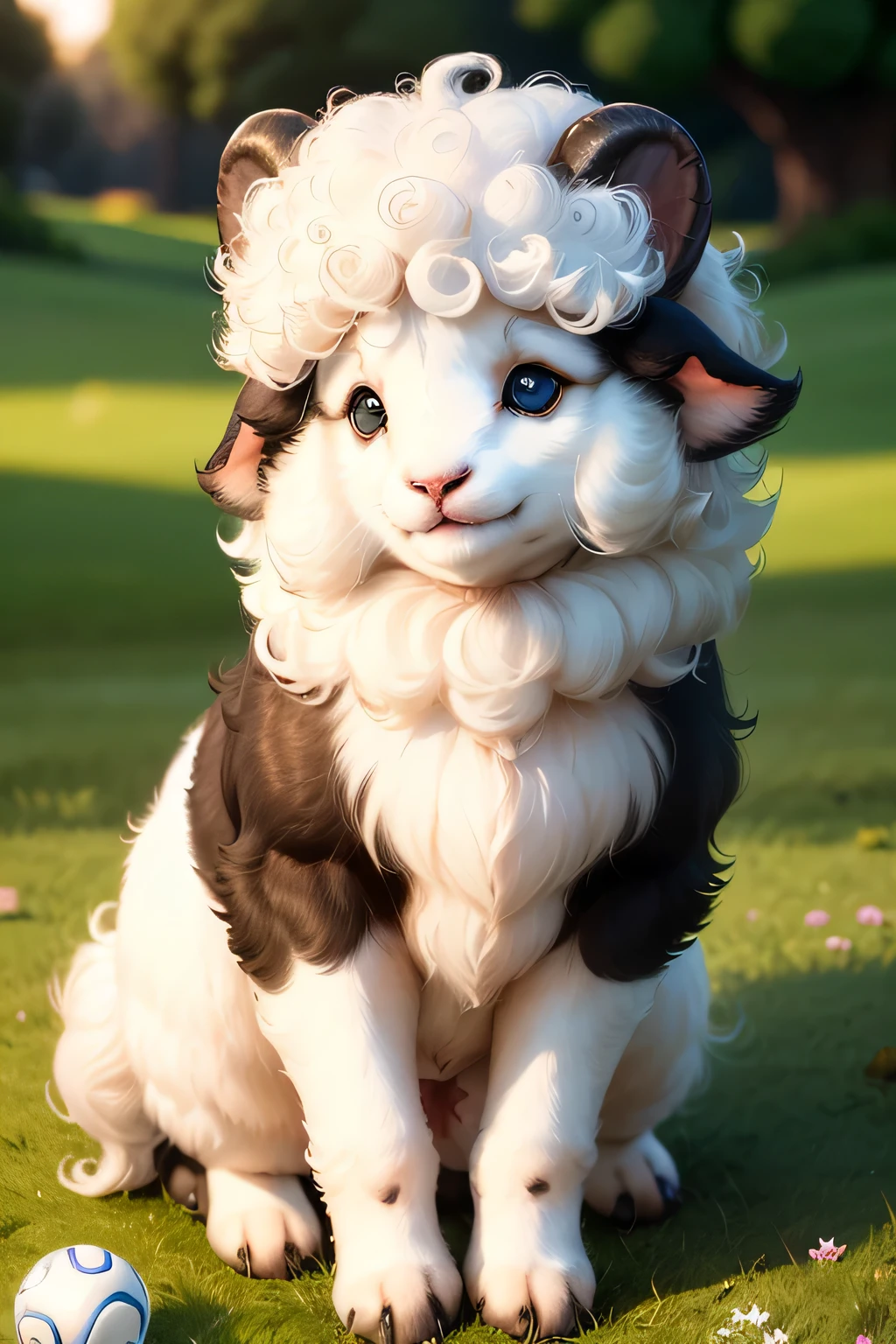 (a ball-shaped sheep,little ears and a curly,wavy fur,playful expression),(photorealistic,highres,sharp focus),(cute,adorable:1.1),(((black-faced))),white fluffy body,round body,peaceful surroundings,green grass),(shepherd's delight,colorful, vibrant,colorful surroundings,joyful atmosphere),(soft lighting,golden hour lighting)