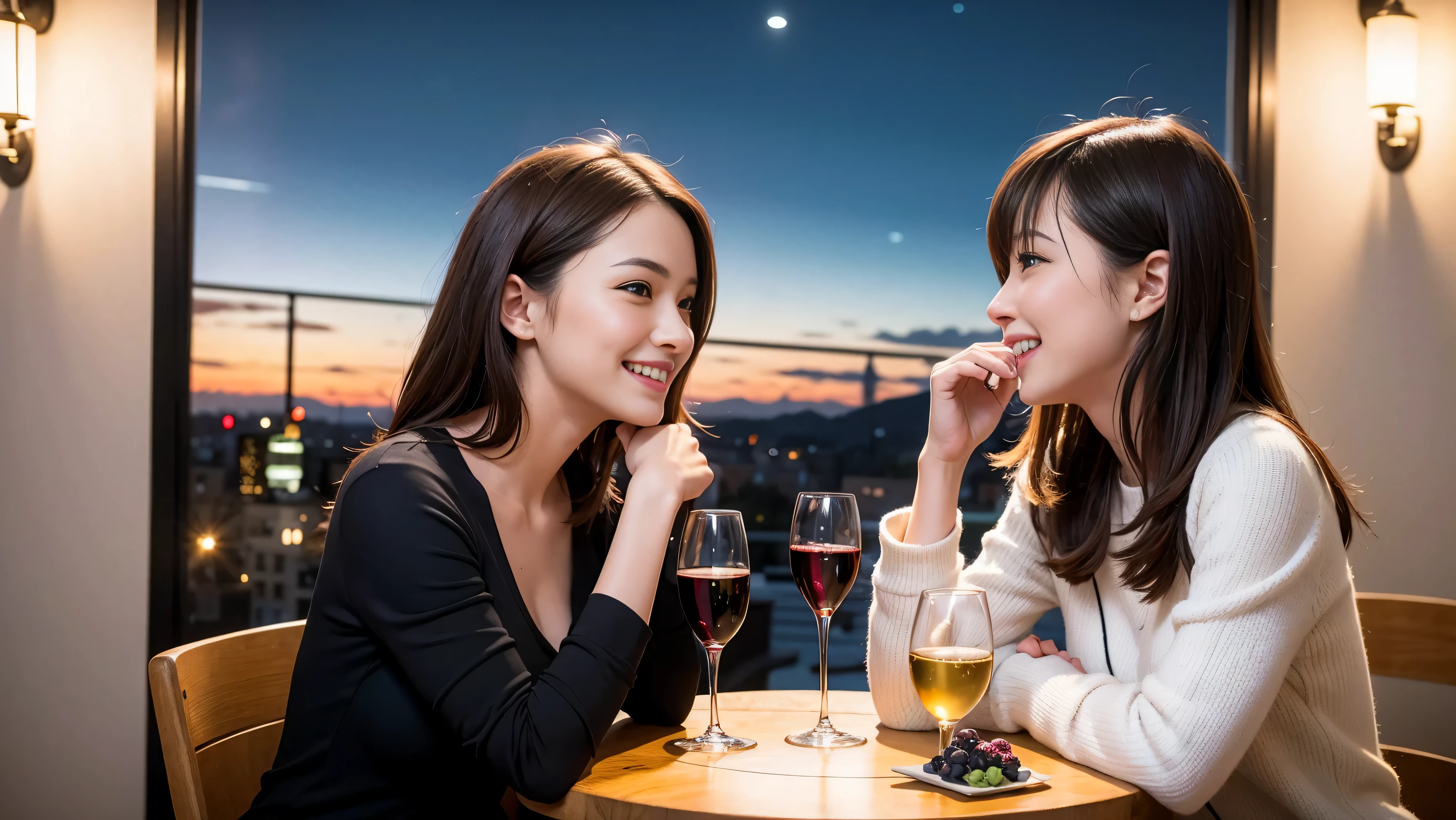 64k, UHD, highest quality, masterpiece: 1.2), (realistic, photorealistic: 1.37), Super detailed, 3 women who love wine、2 males、(slimな男女4名),(Wine party for 5 people)、(slimフェイス),Happy、 最高なsmile、Fox Face、Raccoon face、Berry Short、(because I'thin), (brown hair), (shortcut), long sleeve shirt、winter fashion、Colombia、Brazilian、Japanese、Dutch、German、Portuguese、Belgian、Italian、french,champagne、Sparkling wine、 (gush), (slimボティ), (brown hair), (shortcut), Neat beauty、cheeks blush a little, (35 years old), 38 years old, alone, A beautiful and detailed night view spreads out outside the window..., restaurant, wine glassが座っている, At night, in a prominent place (from the Upper body) nova frog style, actress, model, Upper body, White wine, slim, wine glass, very beautiful night view, wine glass Put in the Middle, Happy smile, (smile: 1.15),