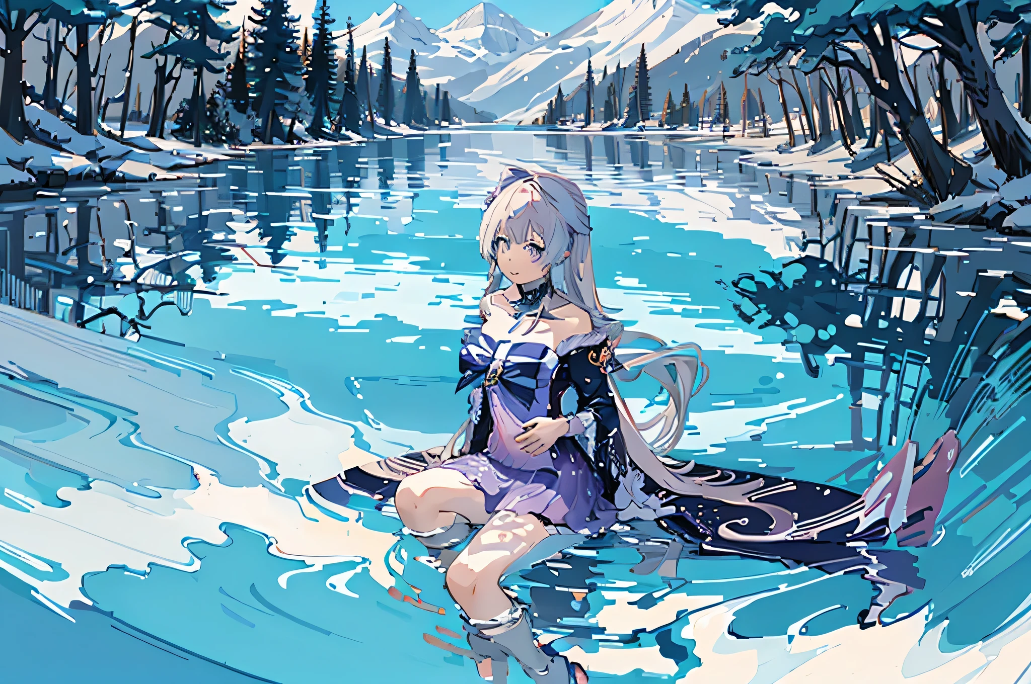Anime girl sitting on the shore of the lake with the lake in the background, beautiful anime girl, beautiful anime artwork, beautiful anime, Wallpaper Anime Blue Water, beautiful anime art style, cute anime girl, beautiful anime art, beautiful fantasy anime, beautiful anime woman, Beautiful peace scenes in anime, anime girl walking on water, beautiful anime portrait, high resolution anime art
