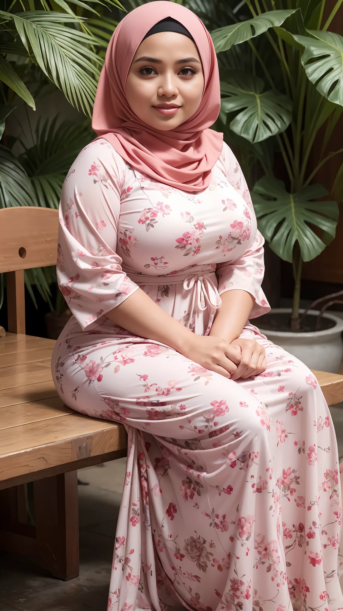 RAW, (Best quality, high resolution, work: 1.3), Beautiful Malay woman in hijab, perfect fit body, (Big breasts) , Beautiful big eyes, Soft smile, beautiful face, slightly open mouth, thick thighs, beautiful buttocks, , beautiful big eyes , gentle smile, beautiful girl, detailed face, Muslim woman in a pink dress and white floral patterned long skirt sitting next to a bonsay ornamental plant, wearing a long red floral patterned chiton, full body picture, wearing a pink floral patterned dress, Malaysia, moron red long skirt, wearing a long flowing cloth, with a beautiful look Beautiful, perfect lighting, 8k