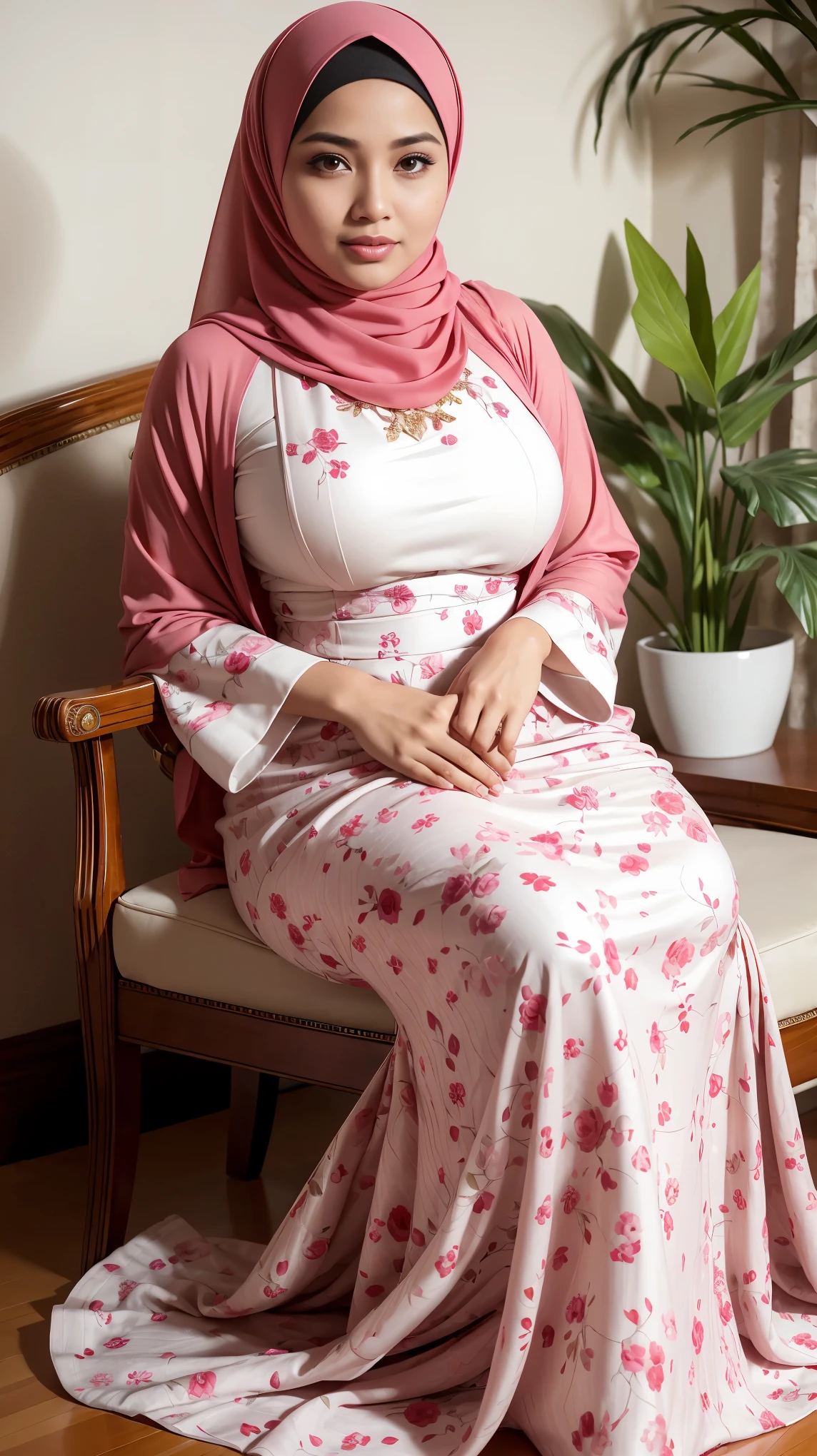 RAW, (Best quality, high resolution, work: 1.3), Beautiful Malay woman in hijab, perfect fit body, (Big breasts) , Beautiful big eyes, Soft smile, beautiful face, slightly open mouth, thick thighs, beautiful buttocks, , beautiful big eyes , gentle smile, beautiful girl, detailed face, Muslim woman in a pink dress and white floral patterned long skirt sitting next to a bonsay ornamental plant, wearing a long red floral patterned chiton, full body picture, wearing a pink floral patterned dress, Malaysia, moron red long skirt, wearing a long flowing cloth, with a beautiful look Beautiful, perfect lighting, 8k