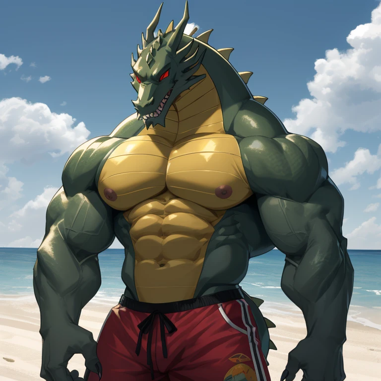 Shendu, shendu,dragon,alone, male, scally, muscular, Claws,scales, alligators,teeth, crawler, green , chest muscles, green body, peak, sharp teeth ,aldult,alone,dragon尾巴,4K,best quality,HD,whole body,claws,Shirtless,looking at the audience,Bodybuilding posture, Show muscles,very muscular, Athletic body, muscular胸部, Pink nipples, six pack abs, broad shoulders, biceps, 弯曲biceps, anatomically correct,,pride,soft shadow,majestic,Detailed face,HD的眼睛,Sharp eyes,red eyes,eyes shining,Grandiose,Valiantary,,Smile confidently,Strong,mature, Short swimming trunks,Seaside background,Blue sky and white clouds,The sun shines