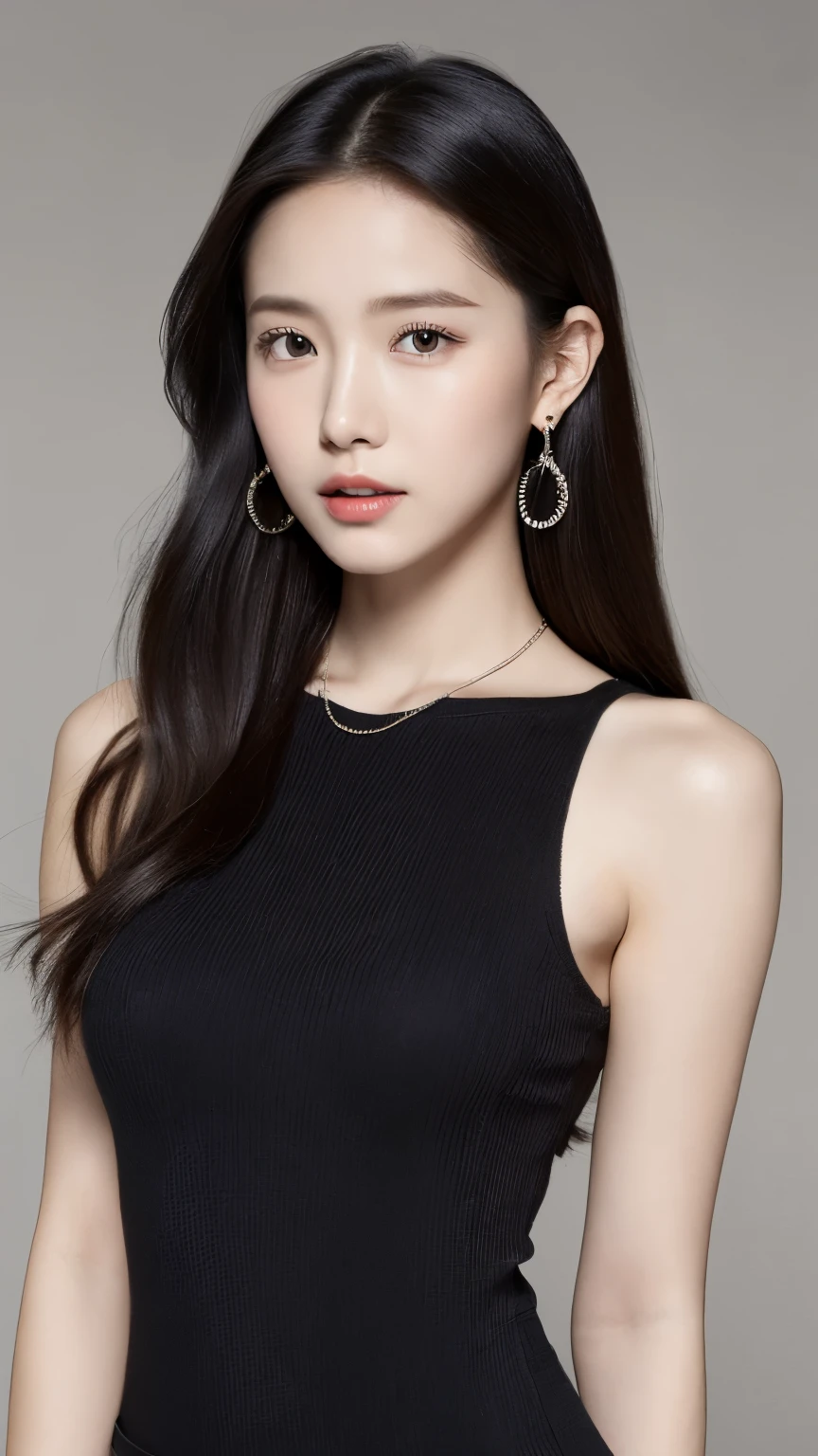 (lifelike, high - resolution:1.3), 1 girl with a perfect body, Super fine face and eyes,slong hair,black dress :1.2, short jeans, perfect boob, necklace, earring, textured skin, real skin, body facing camera