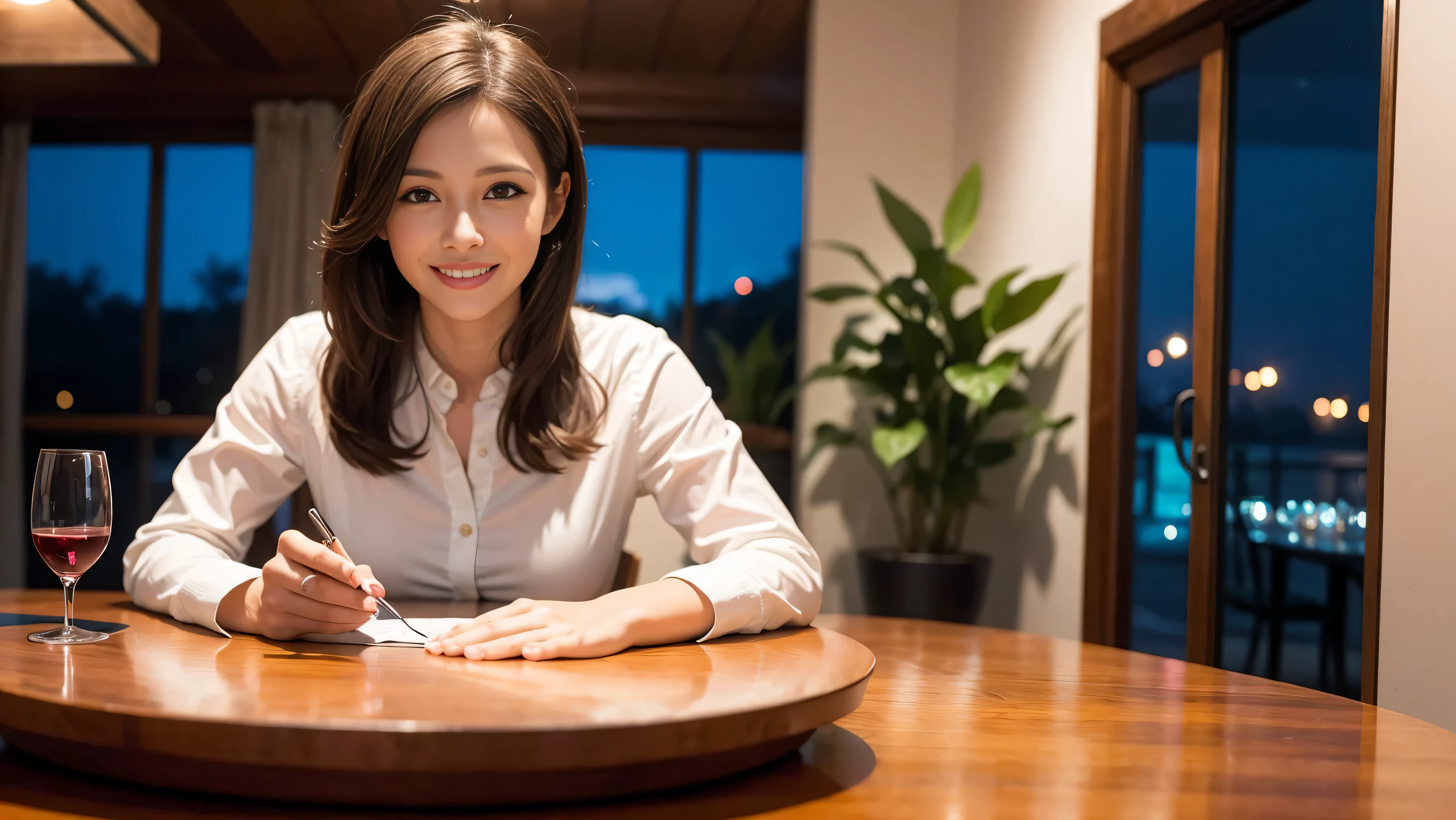 64k, UHD, highest quality, masterpiece: 1.2), (realistic, photorealistic: 1.37), Super detailed, 3 women who love wine、2 males、(slimな男女4名),(Wine party for 5 people)、(slimフェイス),Happy、 最高なsmile、Fox Face、Raccoon face、Berry Short、(because I'thin), (brown hair), (shortcut), long sleeve shirt、winter fashion、Colombia、Brazilian、Japanese、Dutch、German、Portuguese、Belgian、Italian、french,champagne、Sparkling wine、 (gush), (slimボティ), (brown hair), (shortcut), Neat beauty、cheeks blush a little, (35 years old), 38 years old, alone, A beautiful and detailed night view spreads out outside the window..., restaurant, wine glassが座っている, At night, in a prominent place (from the Upper body) nova frog style, actress, model, Upper body, White wine, slim, wine glass, very beautiful night view, wine glass Put in the Middle, Happy smile, (smile: 1.15),