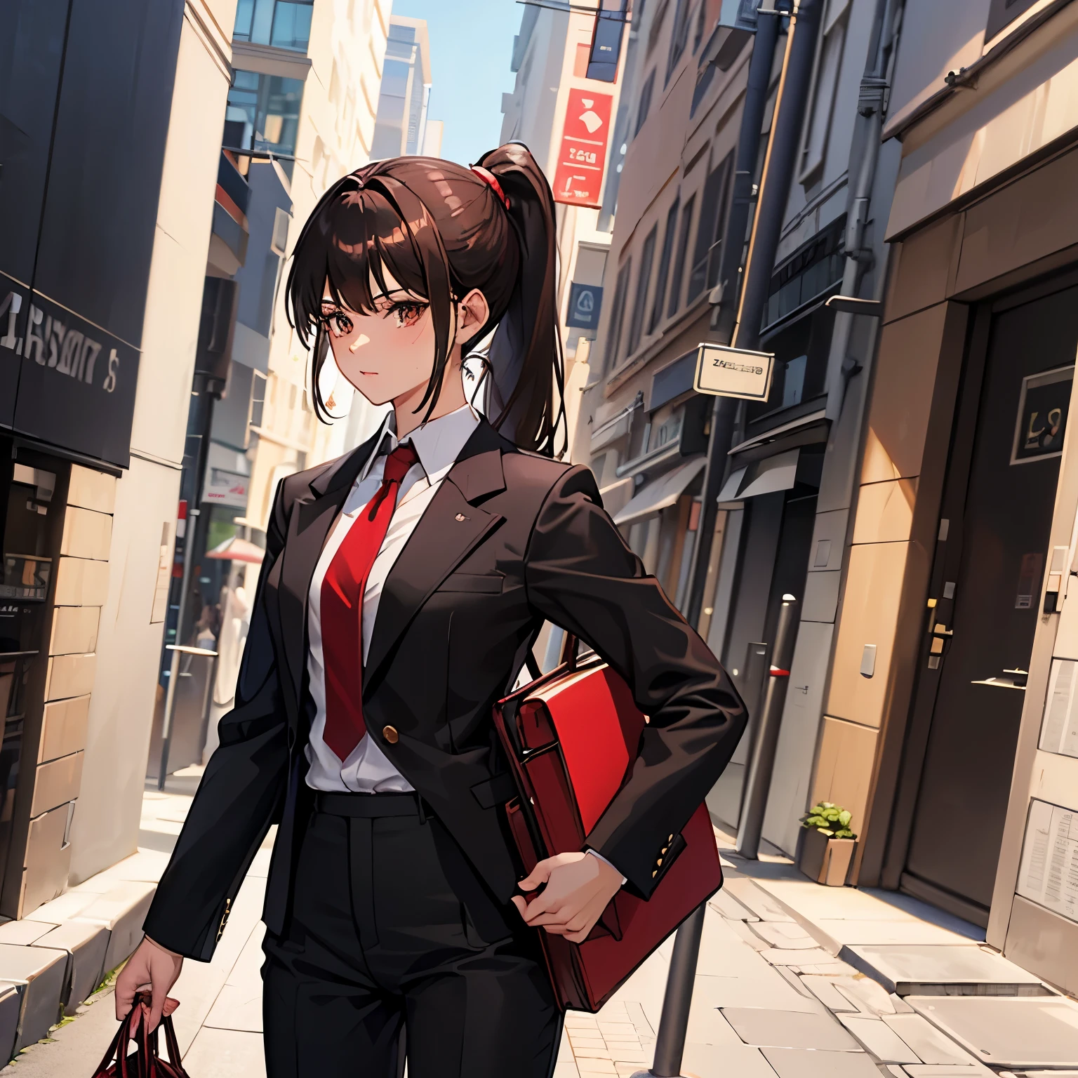dark brown hair dark brown eyes black suit small breasts red tie Black bag ponytail 20th generation pants front