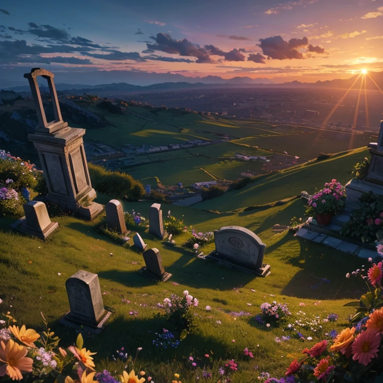 Ancient cemetery on the cliff，Sunset，A lot of flowers（（（Horror atmosphere）））（（（masterpiece）））， （（best quality））， （（intricate details））（8k）
