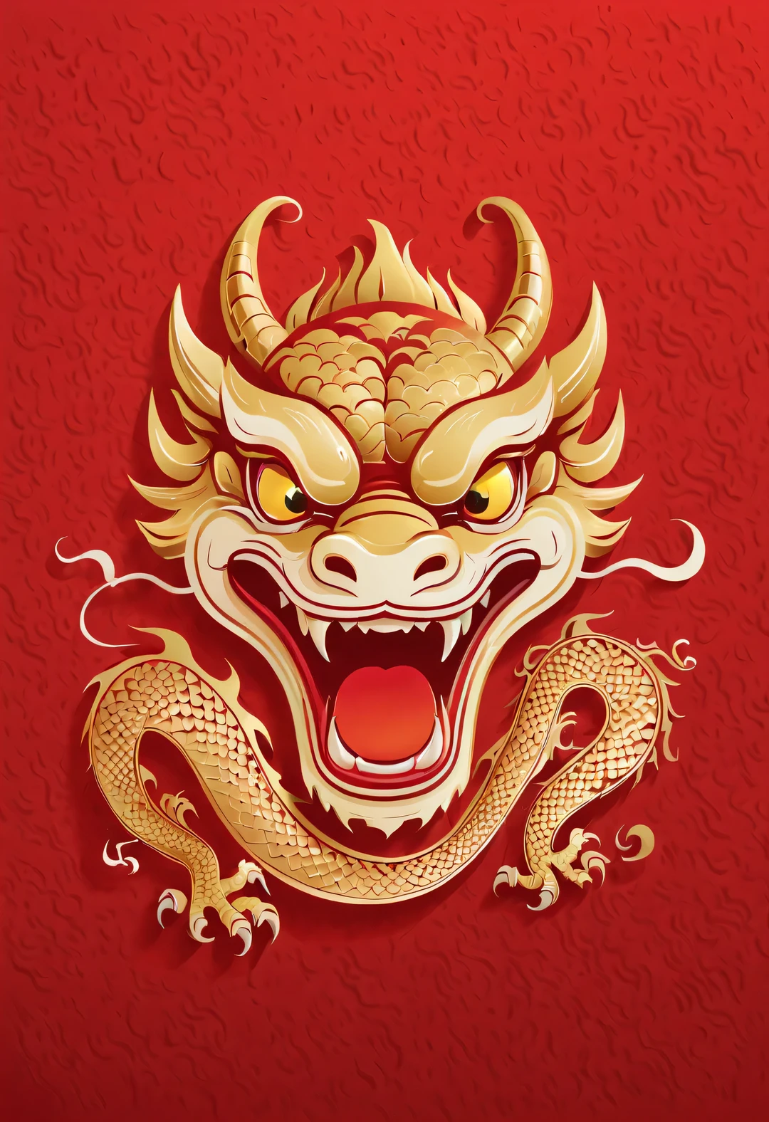Sketch style, Simple golden negative space on Chinese red background, Happy laughter and cuteness, Chinese dragon, flat, vector, clip art, Greg Staples style, Opat,