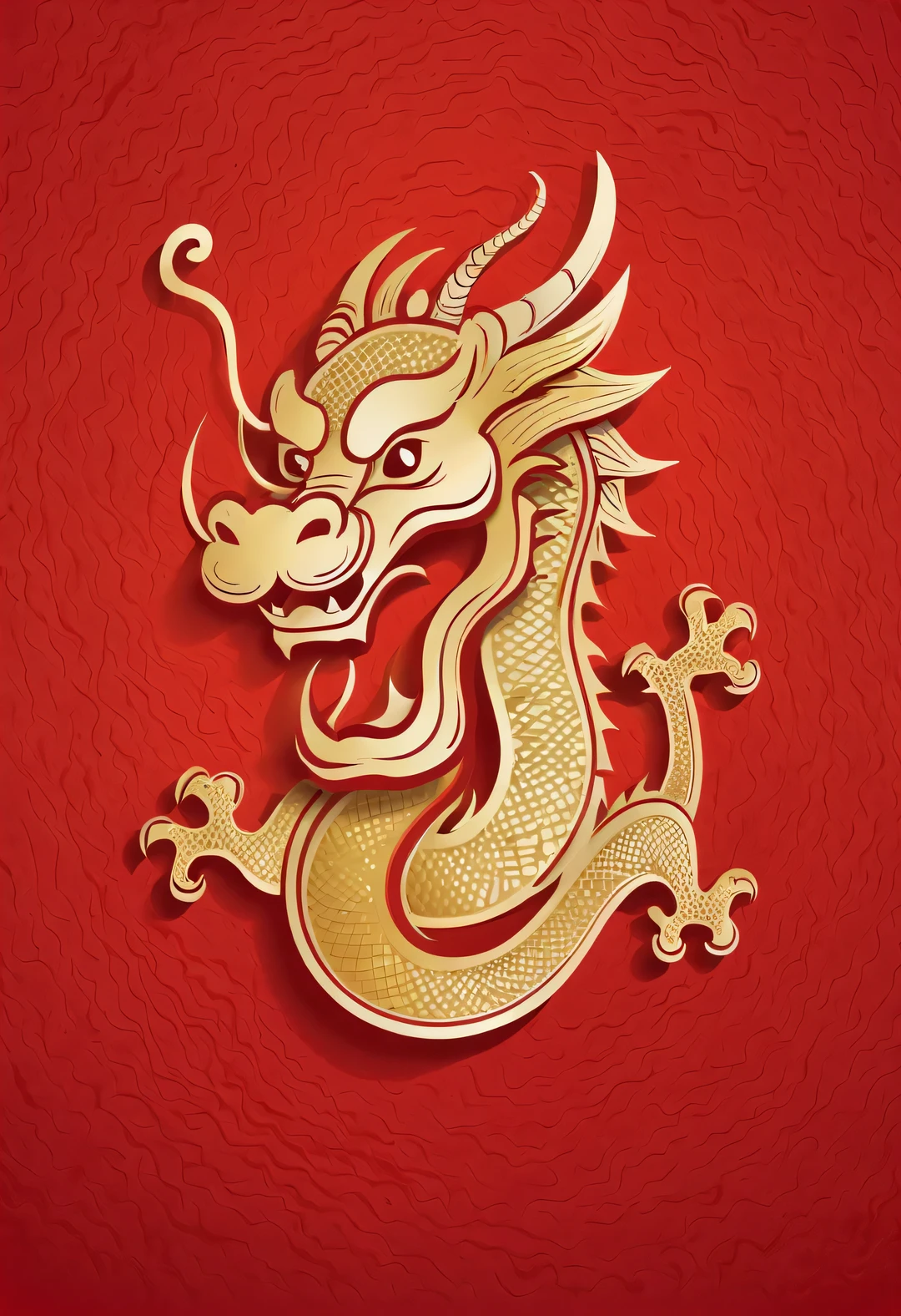 Sketch style, Simple golden negative space on Chinese red background, Happy laughter and cuteness, Minimalist Chinese Dragon, flat, vector, clip art, Greg Staples style, Opat,