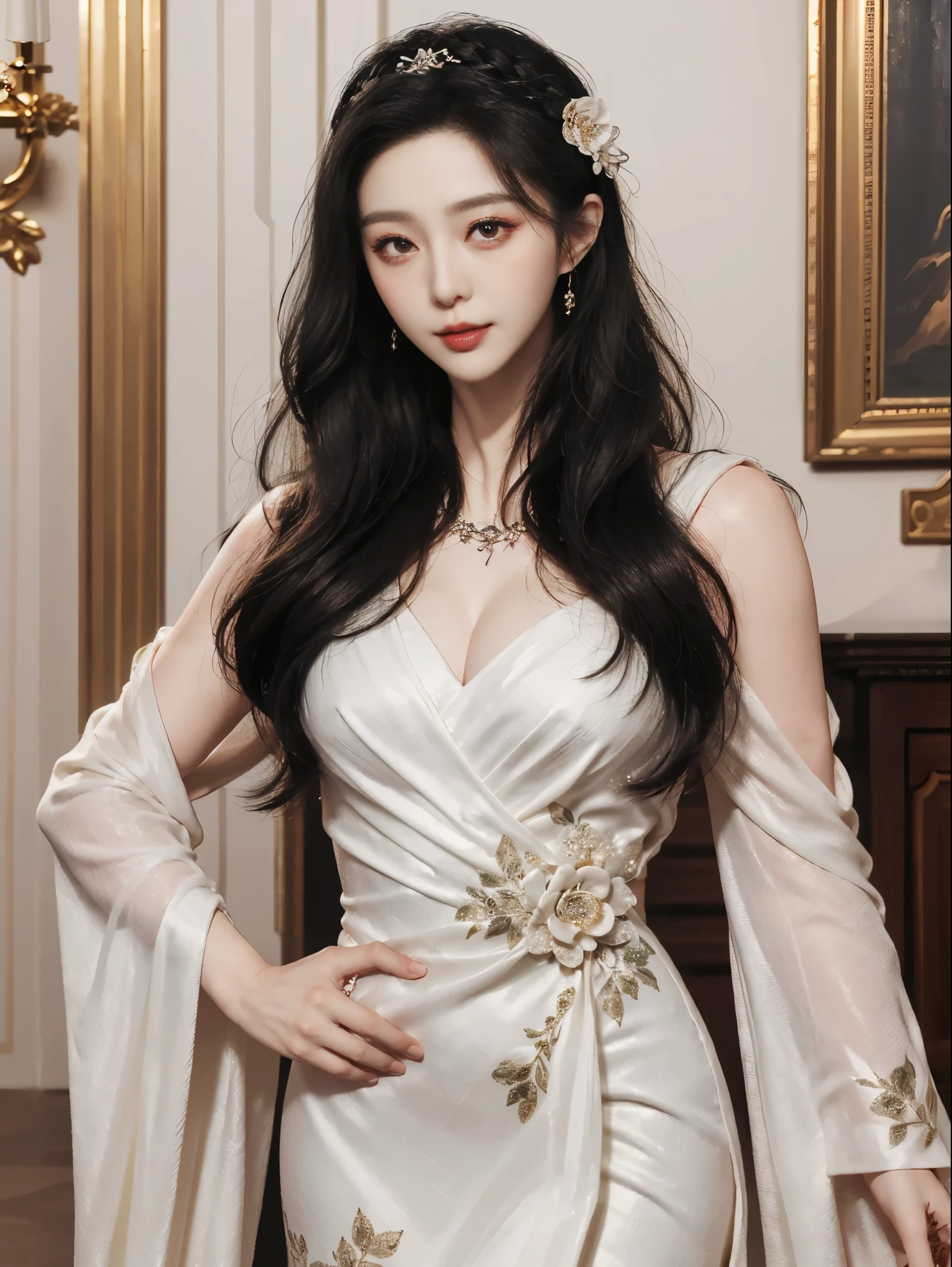 top quality、masterpiece、ultra high resolution、(Realism:1.5)、RAW photos、1 girl in、gloomy、deep shadow、unobtrusive、cold light、Sexy appearance、long white hair,curls、((Luxury evening dress))、((luxury painting))、((luxury necklace))、((floral hair accessories))、((hair_decorate)),human development report