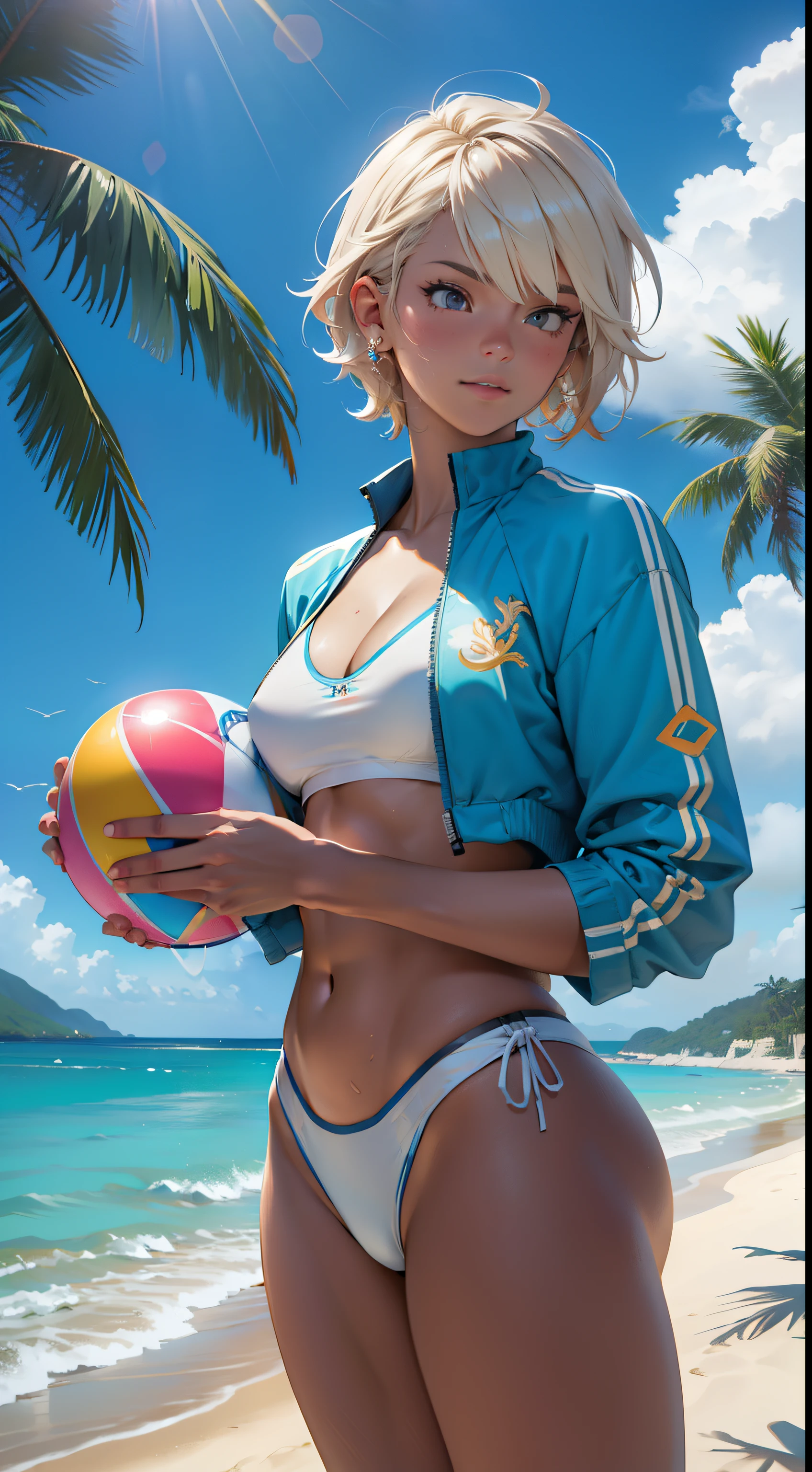 tropical island, beach, palm trees, ocean, beach ball, sand, sky, clouds, sun, sun light, (masterpiece), best quality, 8k, 4k, hd, hires, best quality, masterpiece, ultra-high detailed, hyper-detailed, intricate details, photo-realistic, beautiful details, studio lighting, detailed clothing, highly textured clothing, satin lighting, hyper resolution, insanely detailed, young woman, fit body, nice thighs, two piece swimsuit,
