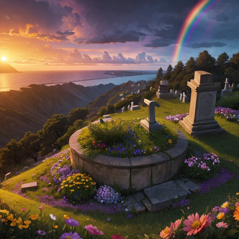 Ancient cemetery on the cliff，Sunset，A lot of flowers，Rainbow after rain（（（Horror atmosphere）））（（（masterpiece）））， （（best quality））， （（intricate details））（8k）
