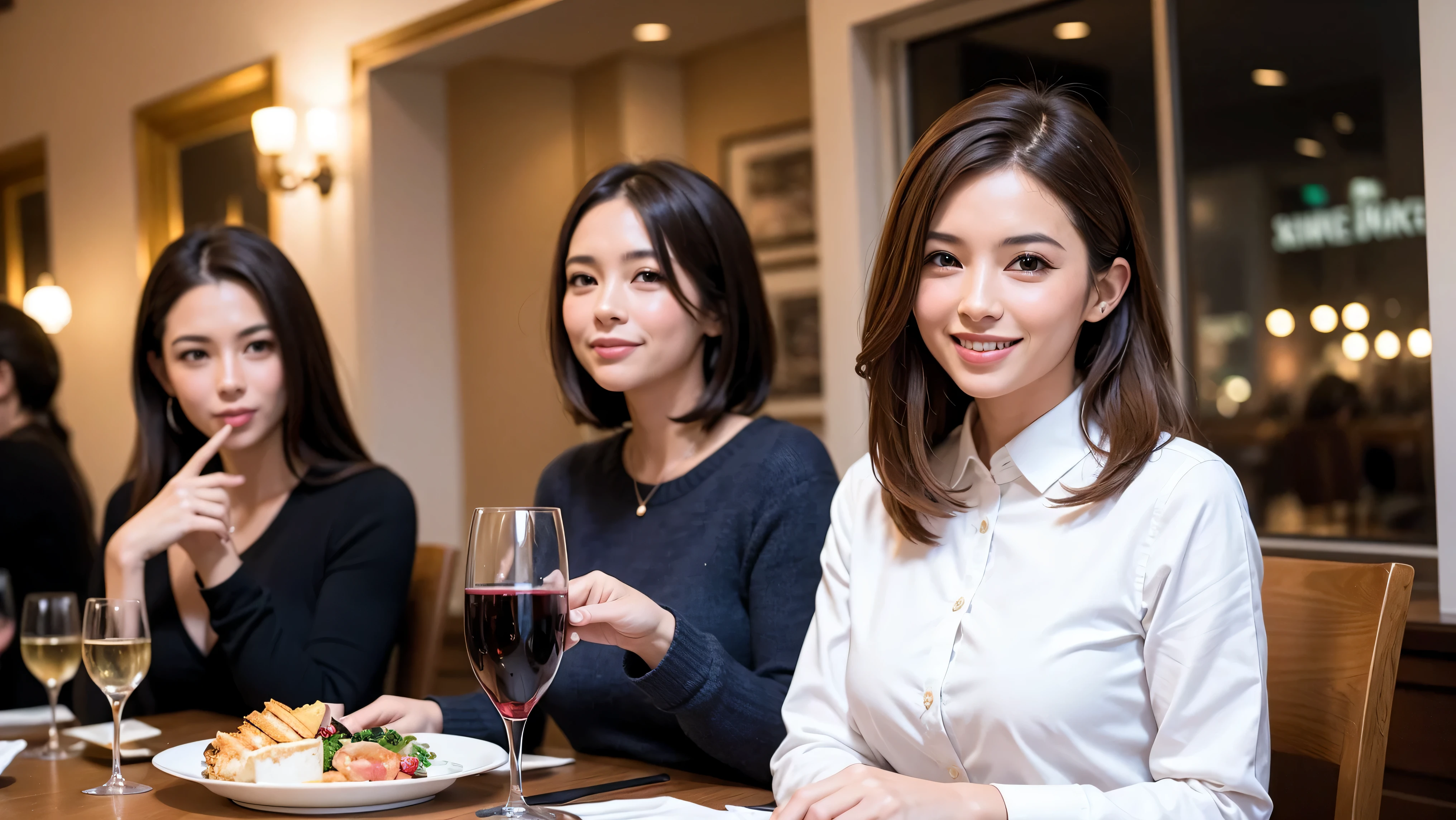 (Realistic:1.1),(masterpiece,Highest quality),8k,(49 years old), 53 years old, ベリーslimボディ、slimカップル、Tight waist,Upper Body,full-course dinner、wine 、Amazing view of the sunset sky and clouds、Perfect Anatomy, Brown Hair, short hair,Random Hairstyles,((Highly detailed face and eyes:1.2)),Perfect golden ratio face,Long sleeve shirt、dress,(smile:1.2)、Shortcuts、cute、(Realistic, Intricate details:1.2), A bright smile、short hair,Bright Face、赤wine 、Appetizers、Italian food、wine bottle、Champagne、スパークリングwine、(slimな顔), (The body is slim), (Brown Hair), (Shortcuts), Upper Body, 白wine, slim, wineグラス,